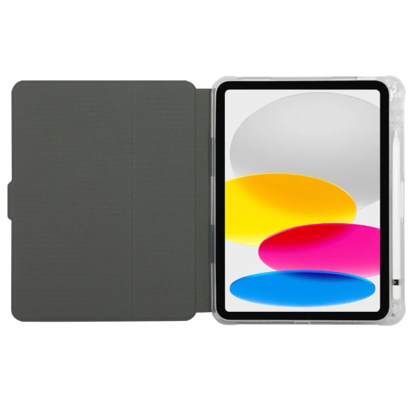 Ekranı renkli şekiller gösteren, açık bir kılıf içinde tablet. Kılıf gri renkte.