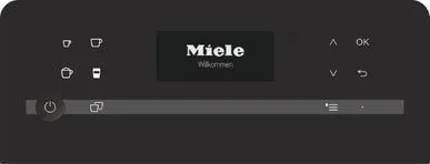 Miele yazan bir ekranı olan siyah kahve makinesi.