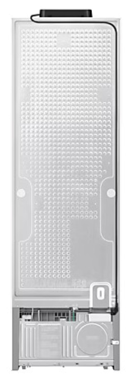 Widok z tyłu białej lodówki z czarnym przewodem zasilającym.