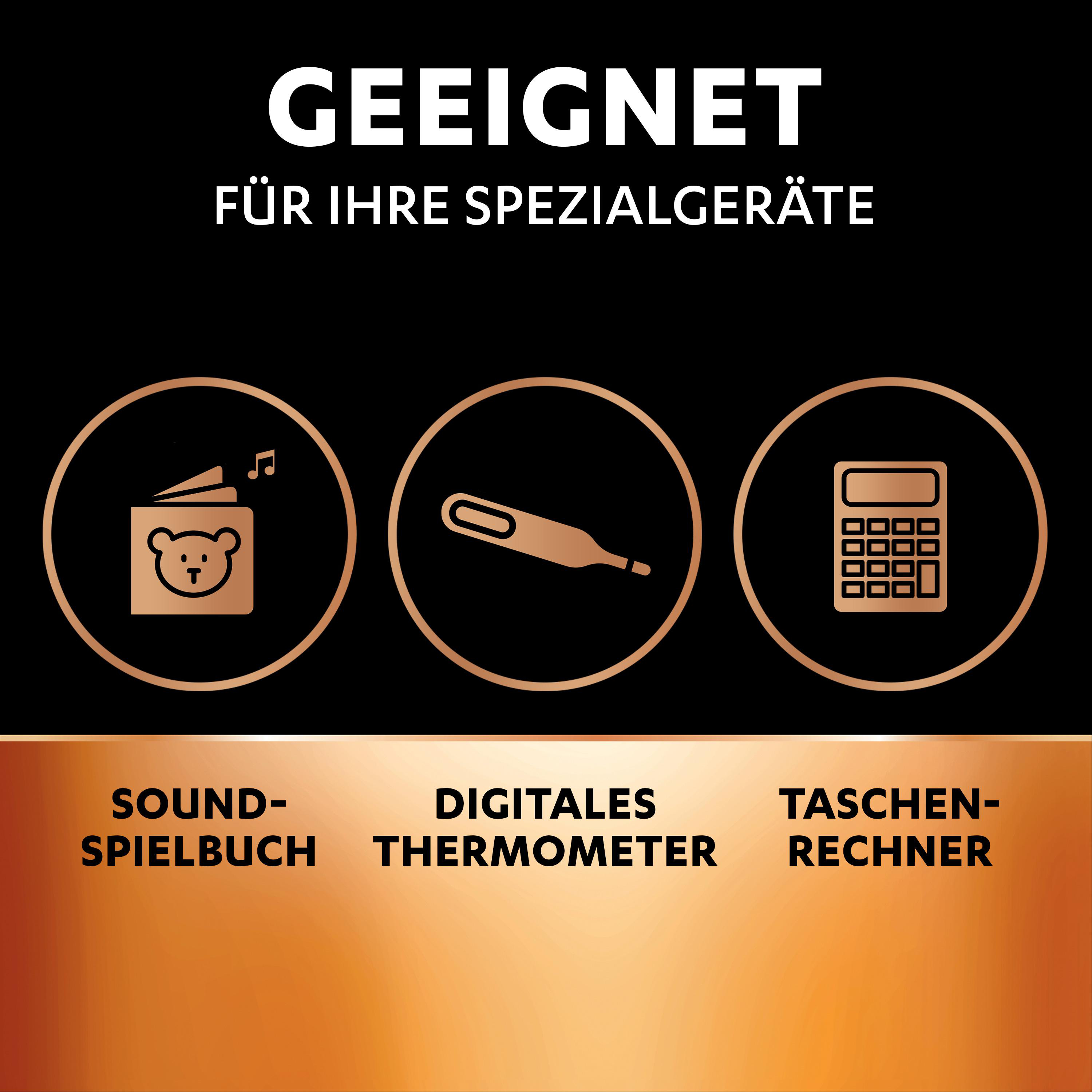Symbole für Hörbuch, Thermometer und Taschenrechner. Text: 'Geeignet für Ihre Spezialgeräte'.