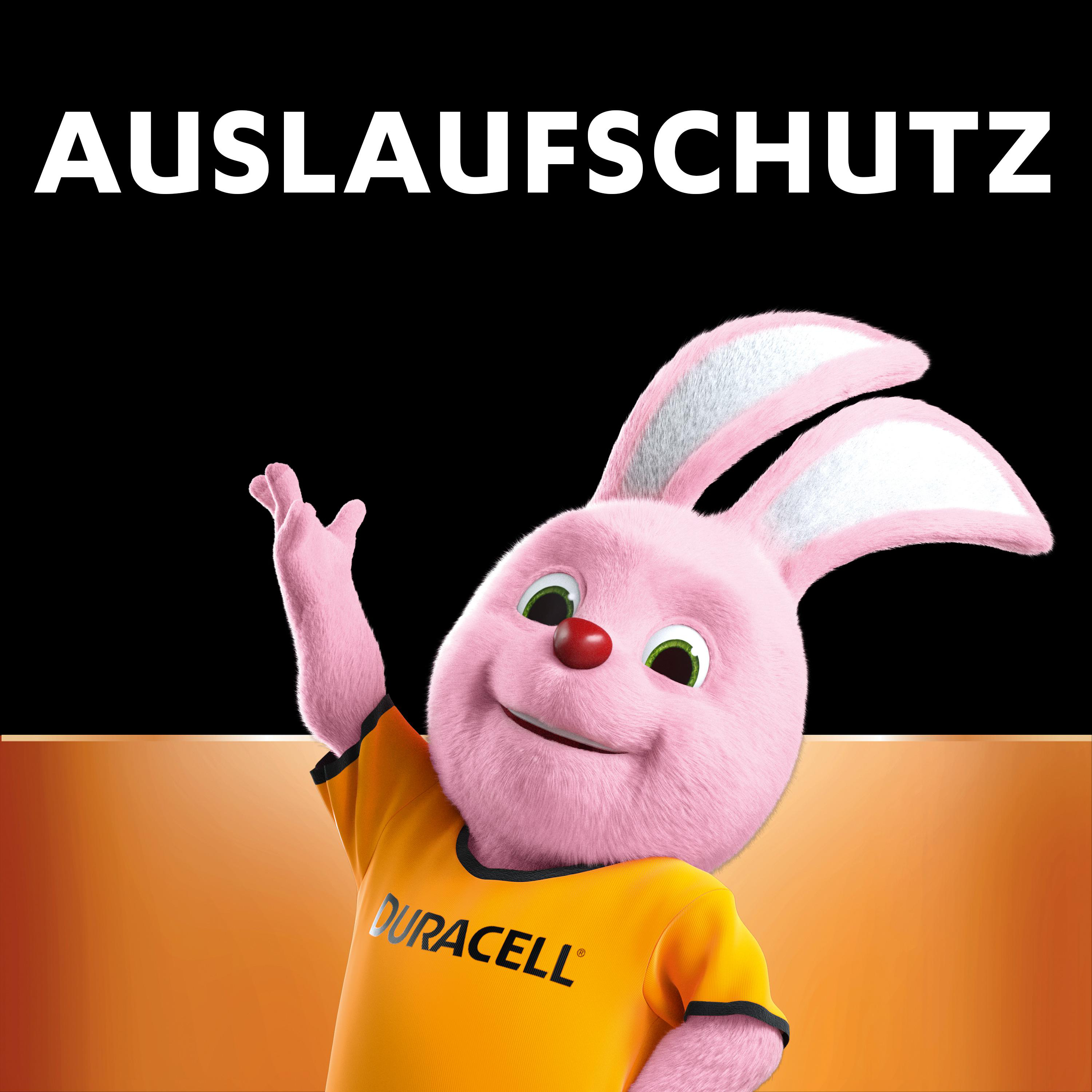 Rosa Duracell-Hase mit orangefarbenem Hemd, winkend, Text: AUSLAUFSCHUTZ.