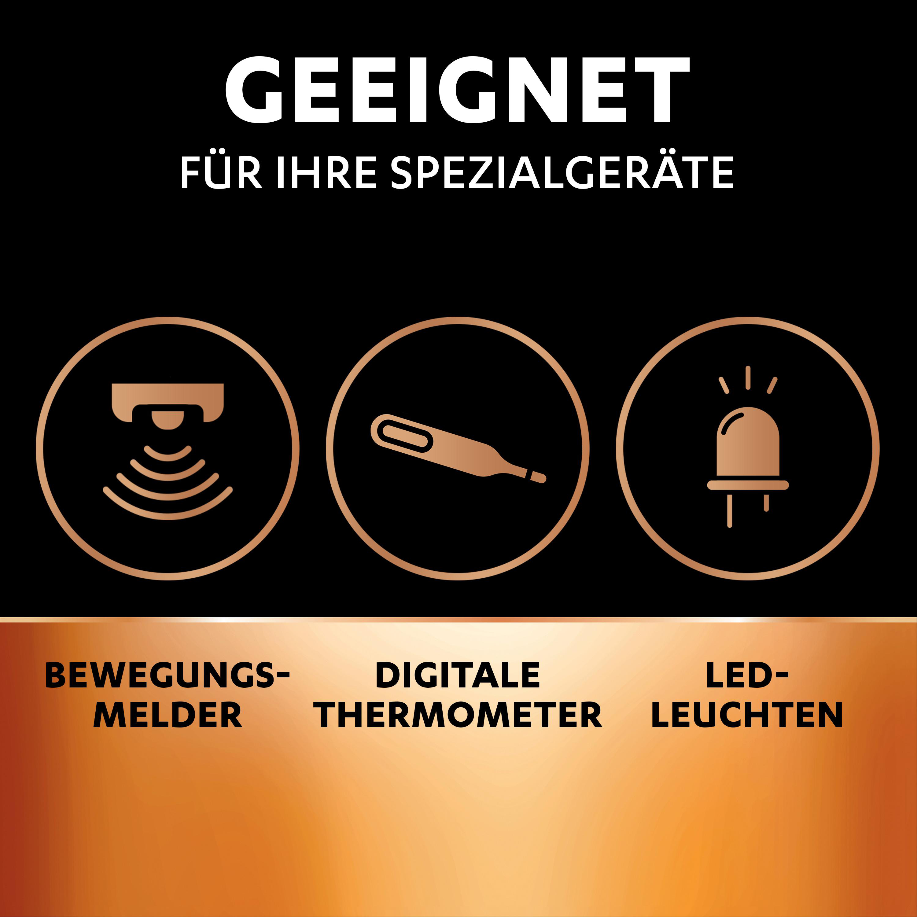 Symbole für Spezialgeräte: Bewegungsmelder, Digitalthermometer und LED-Leuchten. Text: 'Geeignet'.