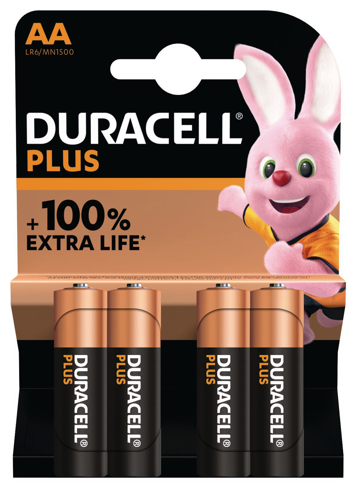 Duracell Plus Batteriepackung mit vier AA-Batterien, rosa Hase und Text.