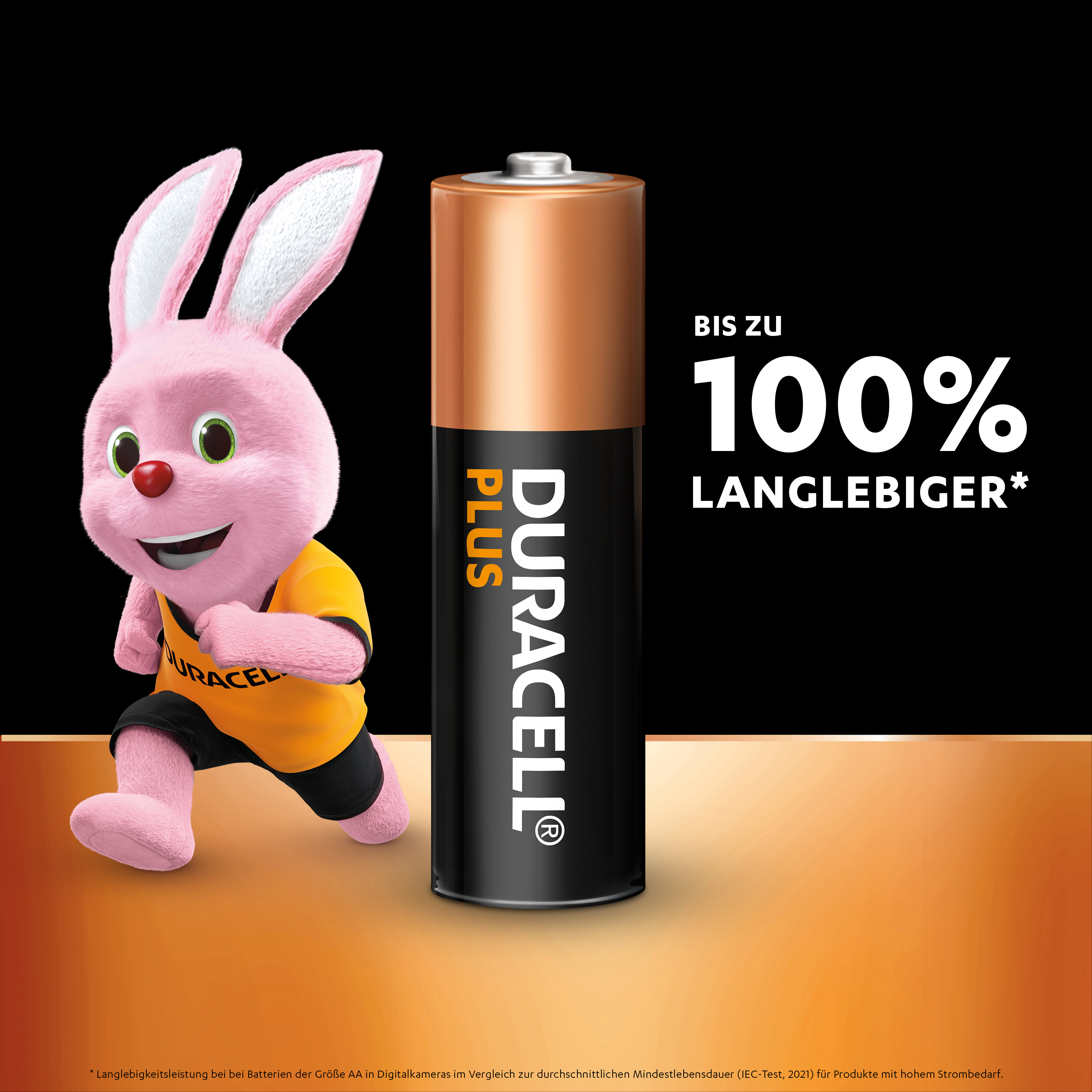 Ein rosa Hase, der neben einer Duracell Plus Batterie rennt.