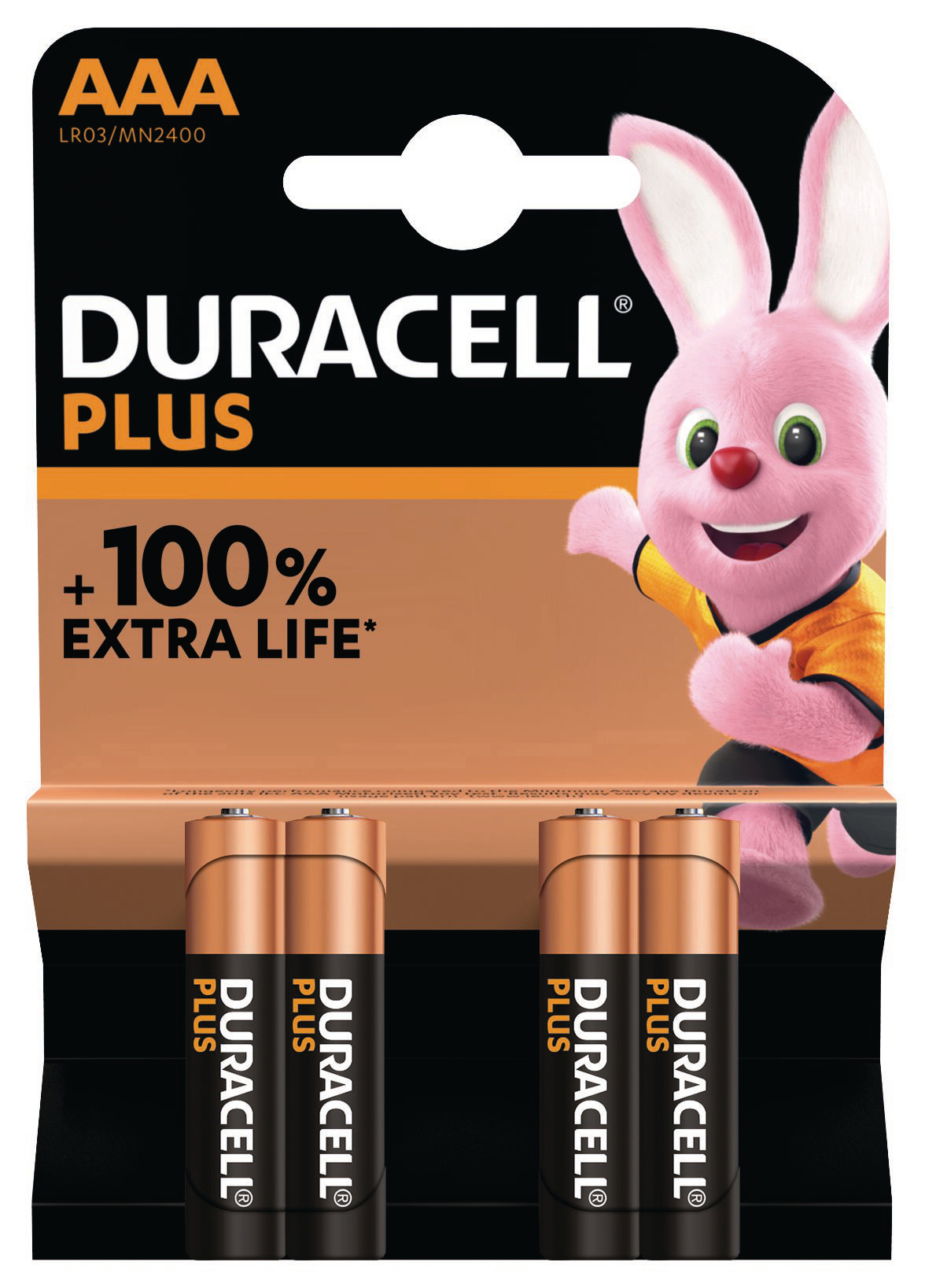 Duracell Plus Batterien in einer Verpackung mit dem Duracell-Hasen auf der rechten Seite.