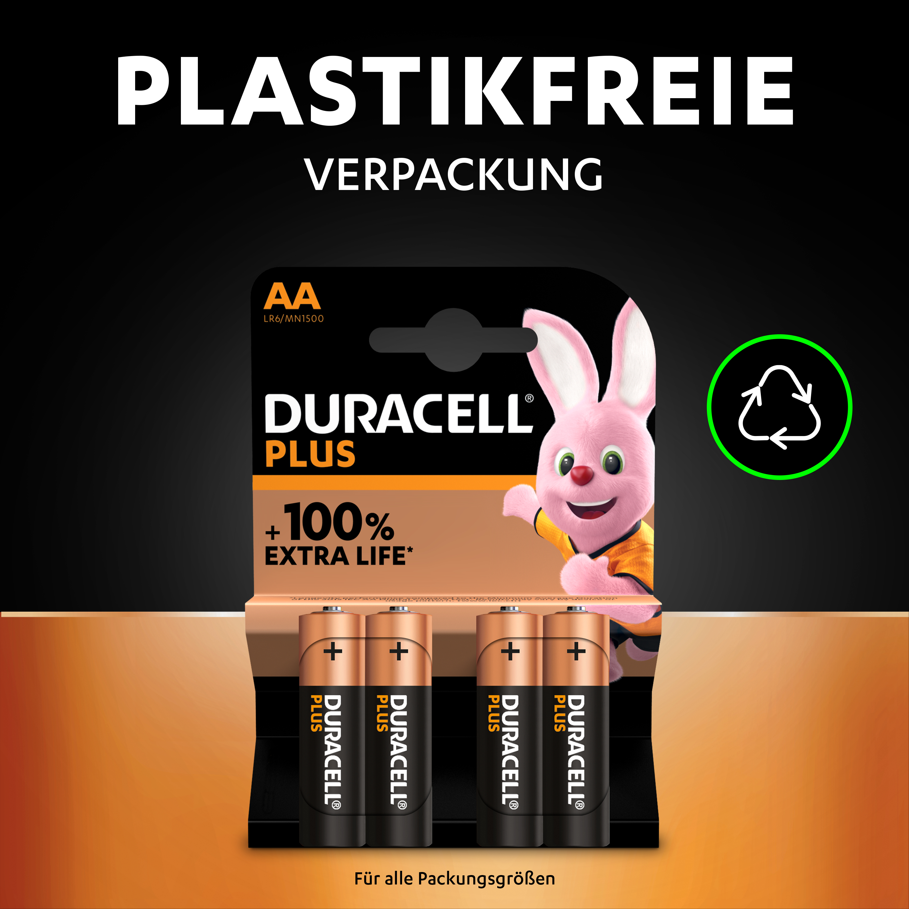 Duracell-Batterien in plastikfreier Verpackung, ein Recycling-Symbol und ein Duracell-Hase.