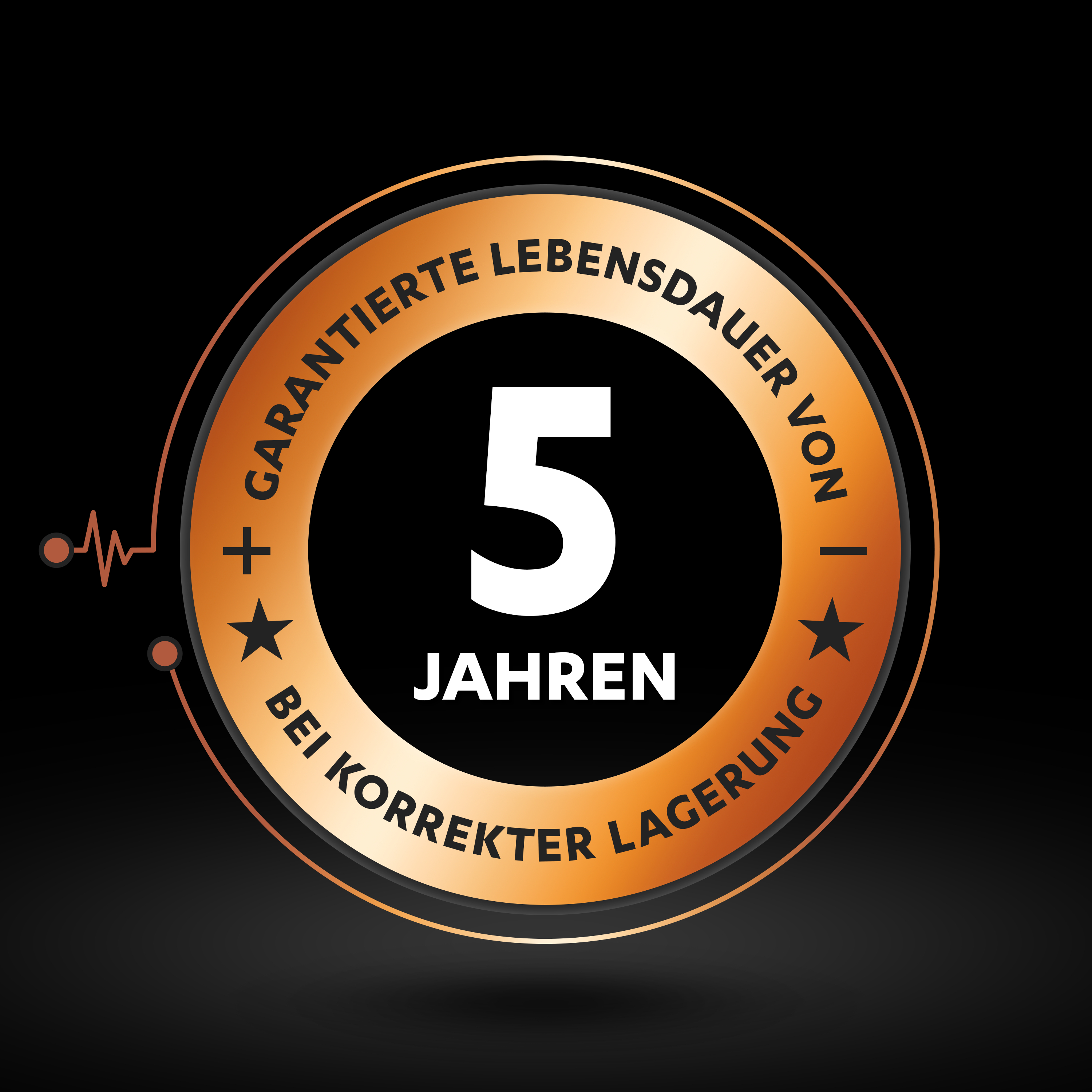 Gold- und orangefarbenes Logo, Text: 5 JAHRE, Garantie, korrekte Lagerung.