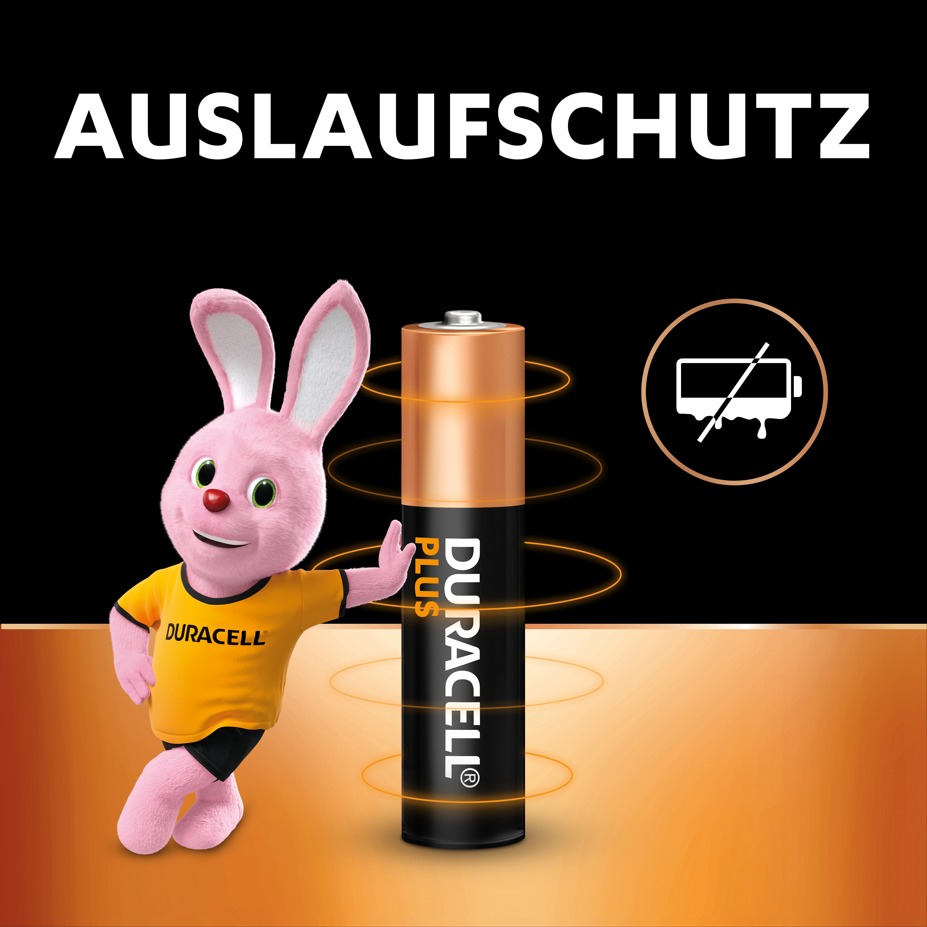 Eine Duracell-Batterie mit einem rosa Hasen. Text: AUSLAUFSCHUTZ.