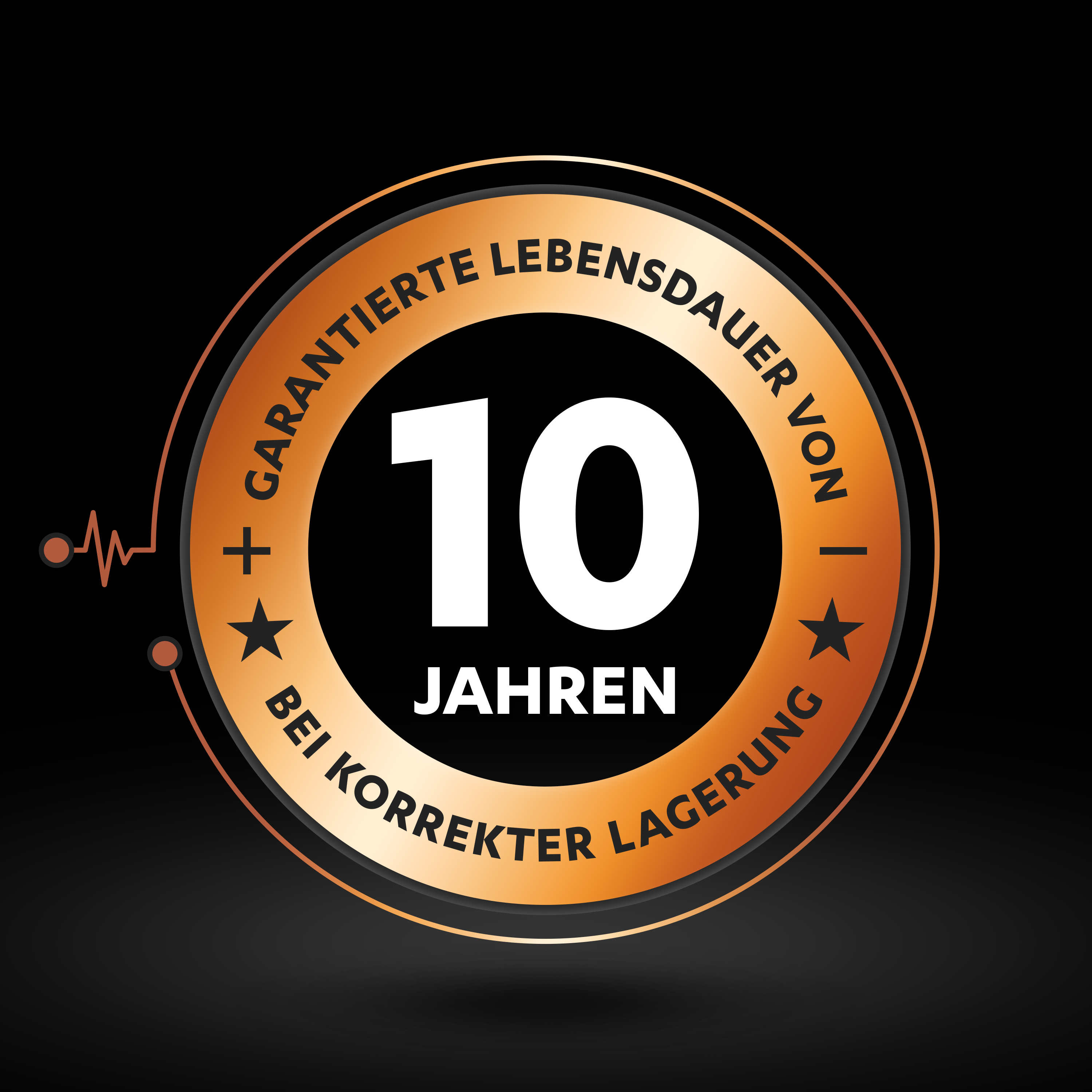 Orangener und goldener Kreis mit dem Text "10 JAHREN" und Sternen, weist auf 10 Jahre Garantie hin.