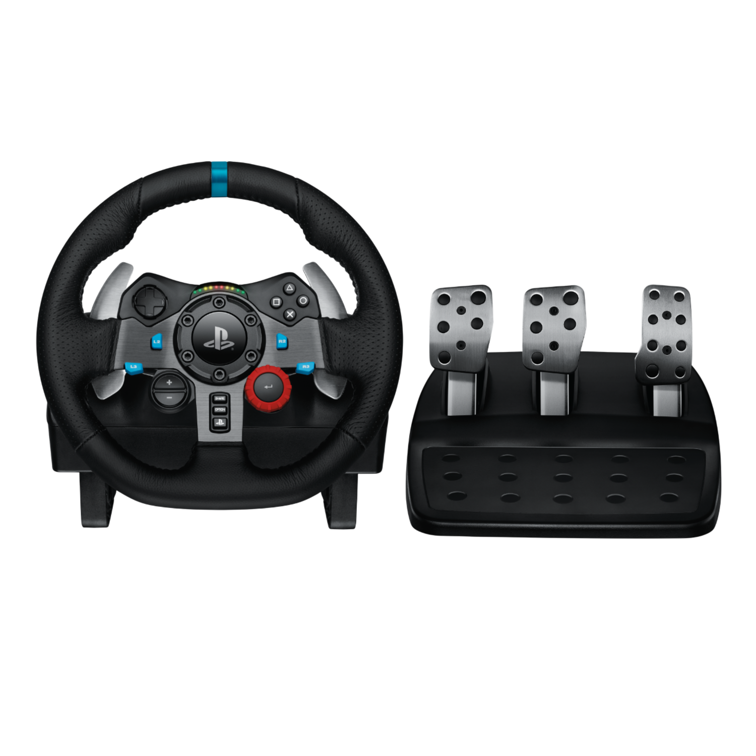 Gaming stuurwiel en pedaalset. Zwart en zilver stuurwiel met gas- en rempedalen.