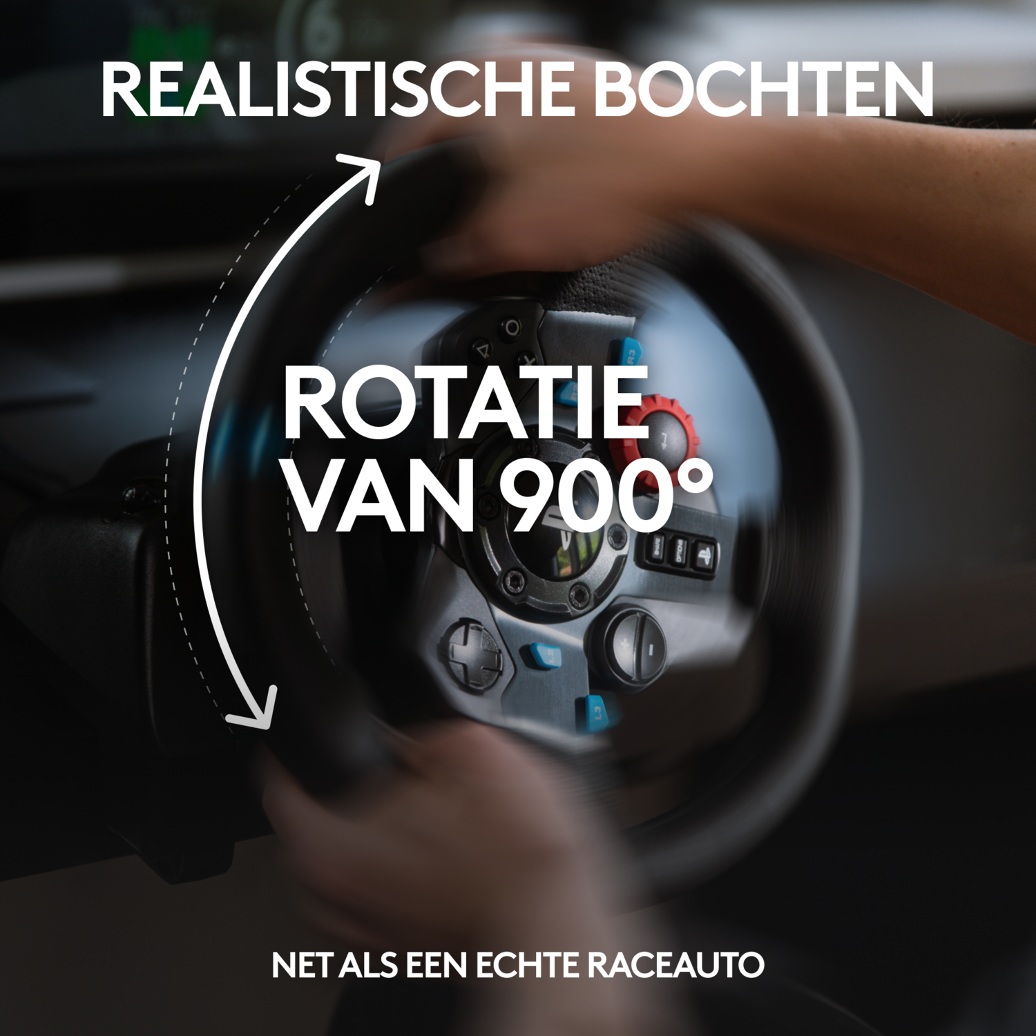 Stuurwiel met tekst, pijlen en een 900° rotatiegrafiek.