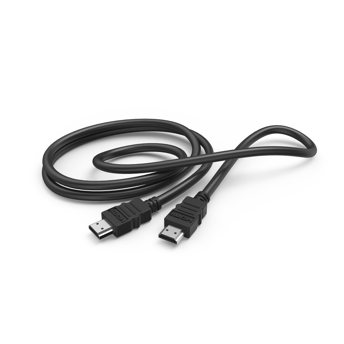 Siyah HDMI kablosu, her iki ucunda konektörler, beyaz arka plan.