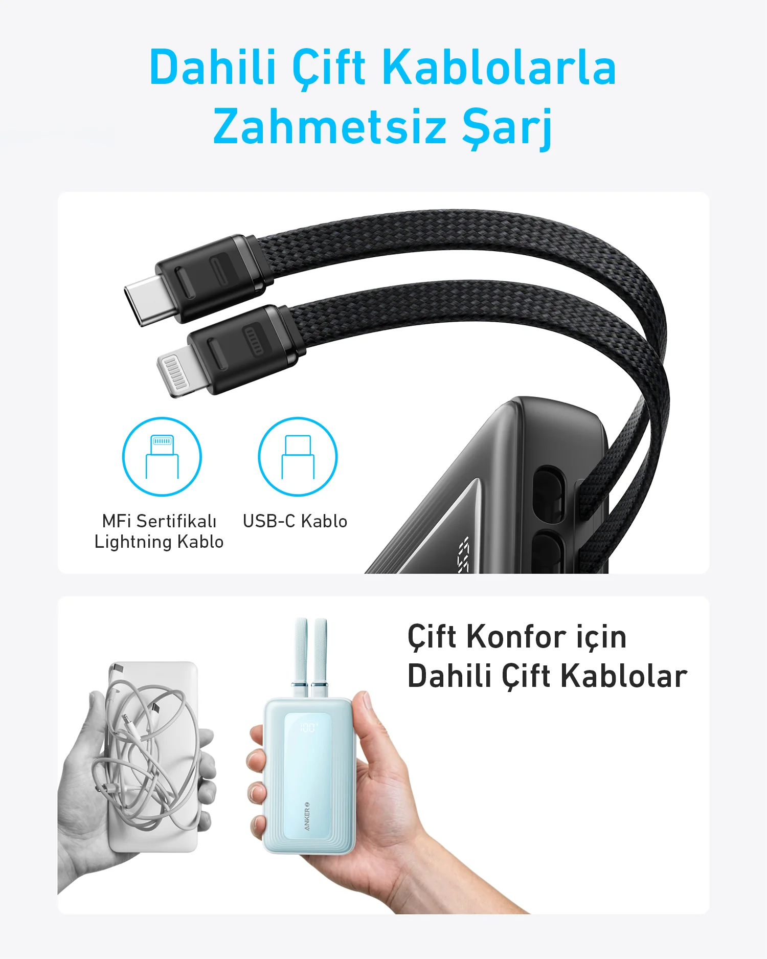 Anker şarj cihazı çift kablolu, biri USB-C, diğeri Lightning. İki el şarj cihazını tutuyor.