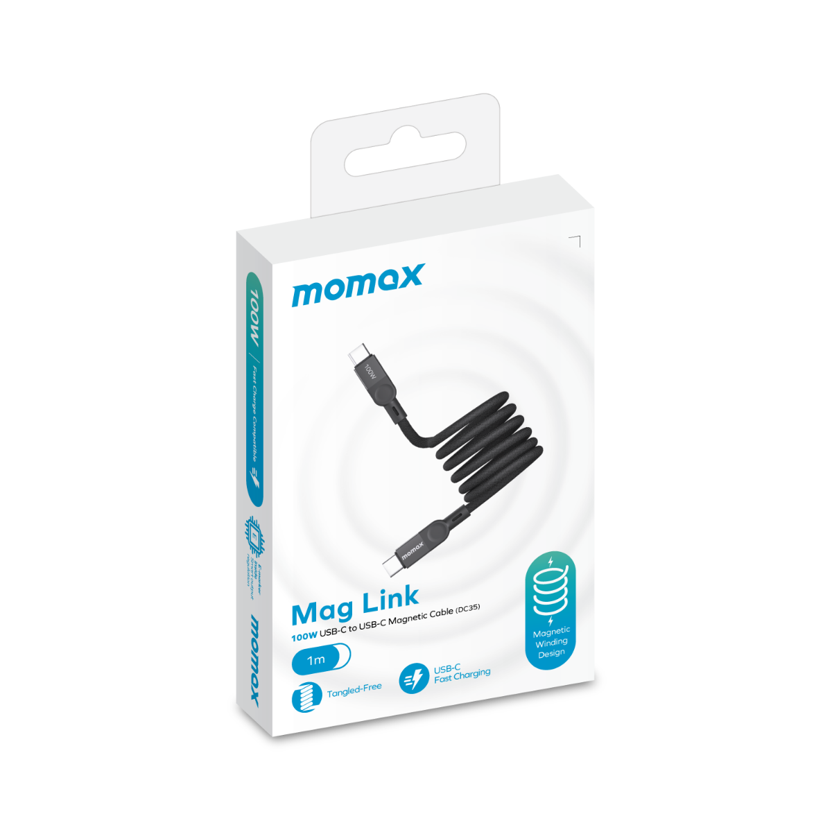 Momax markalı, beyaz bir kutuda siyah, spiral USB-C kablosu, beyaz bir yüzeyde.