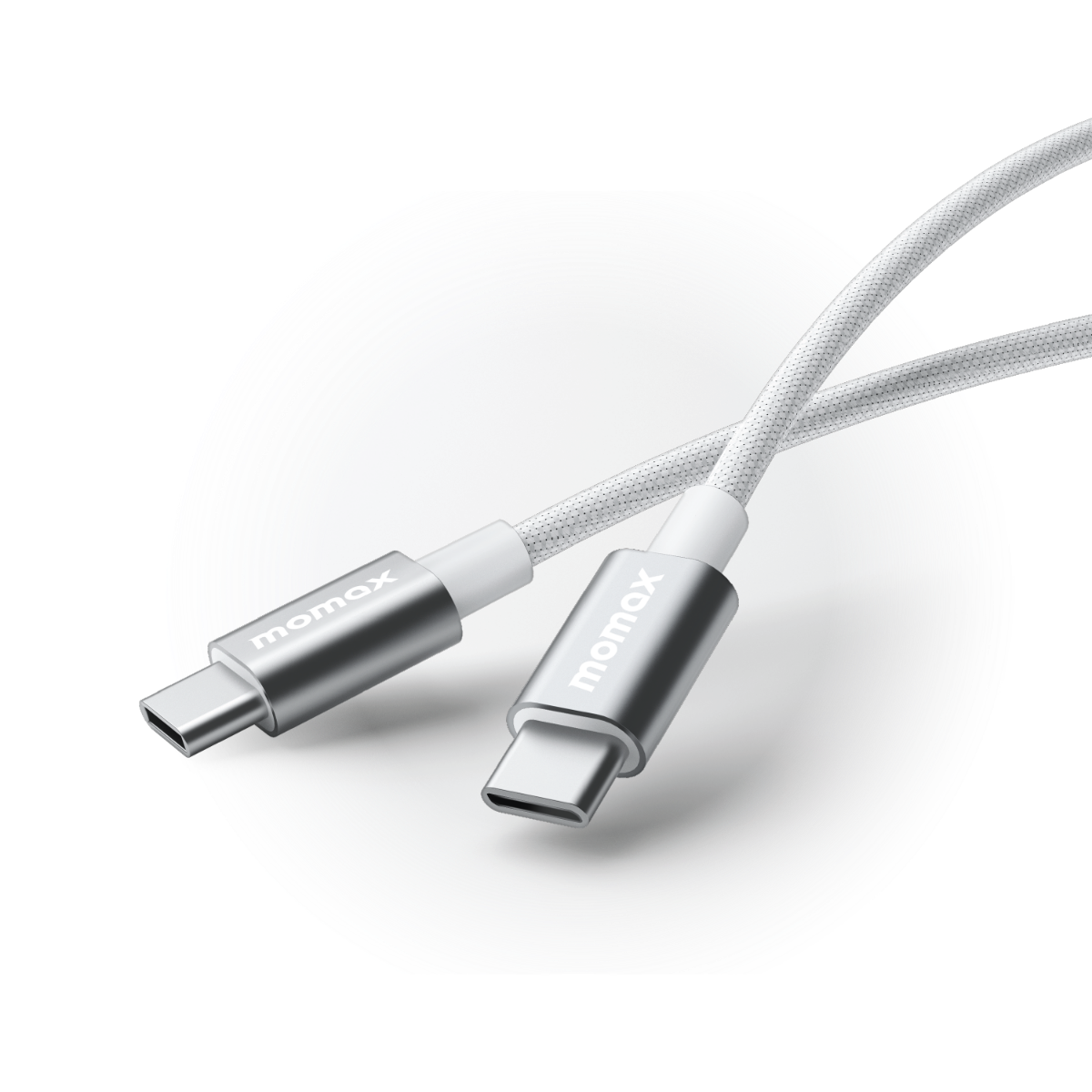 Beyaz arka planda, momax markalı, USB-C konektörlü beyaz şarj kablosu.