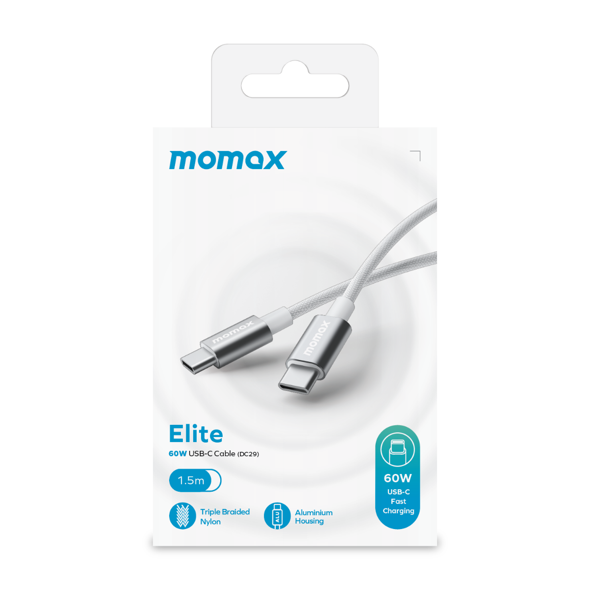 Beyaz ve gri Momax kablo kutusu, kablo sergileniyor. Metin: Elite 60W USB-C kablosu, 1,5m.