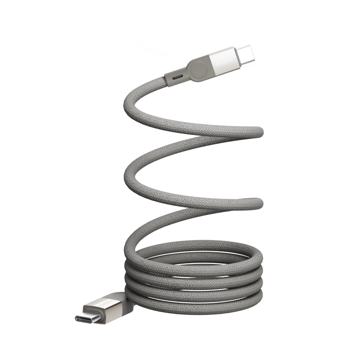 Siyah arka plan üzerinde izole edilmiş, spiral şeklinde gri bir USB-C kablosu.