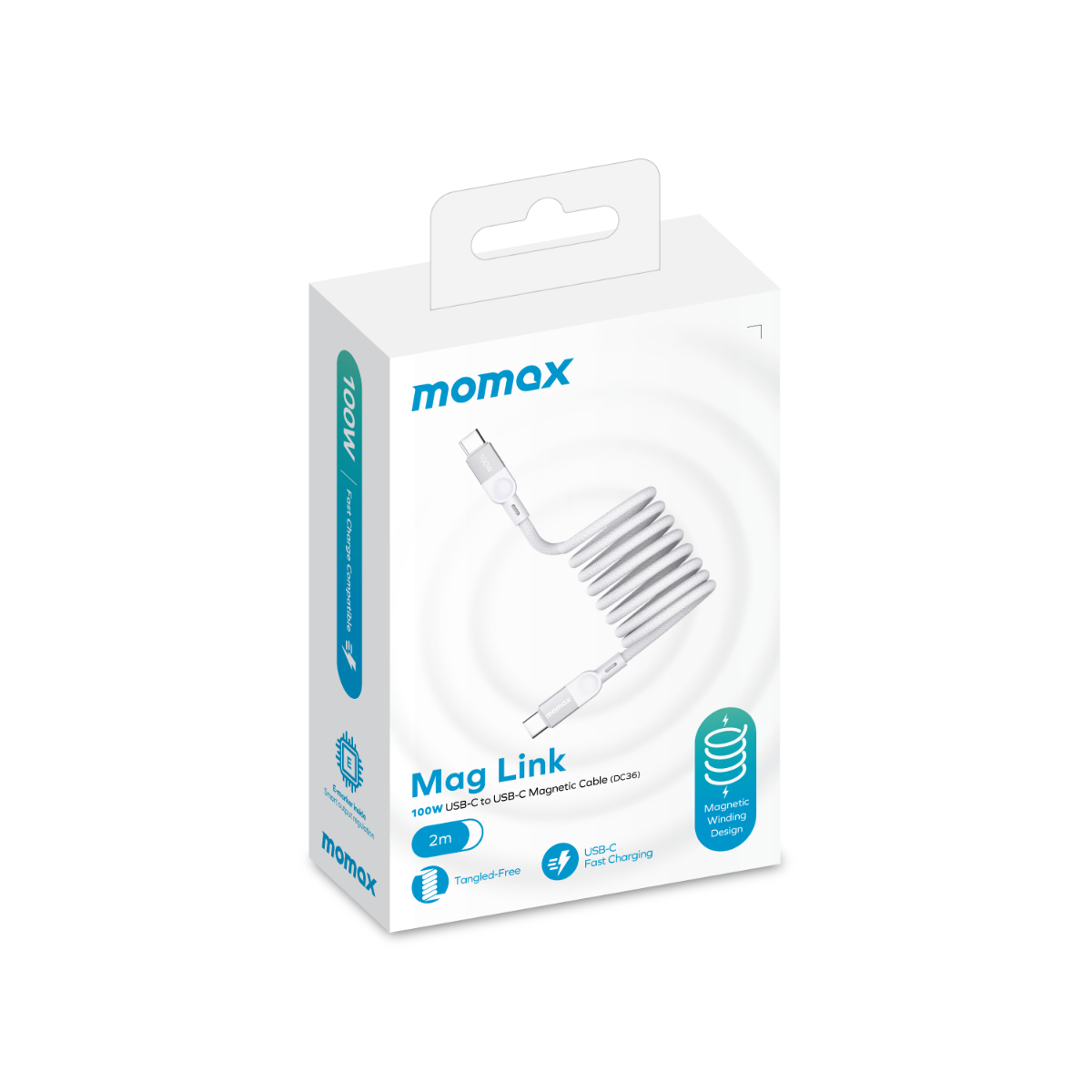 Beyaz bir USB-C - USB-C manyetik kablo ve momax markası içeren beyaz bir kutu.