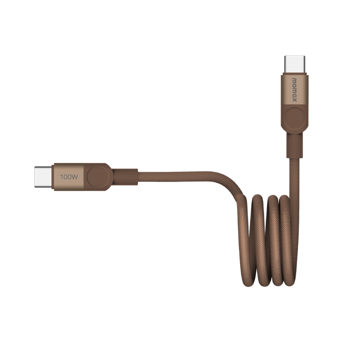 Kahverengi bir USB-C kablosu, kıvrılmış, her iki ucunda bir USB-C konektörü.