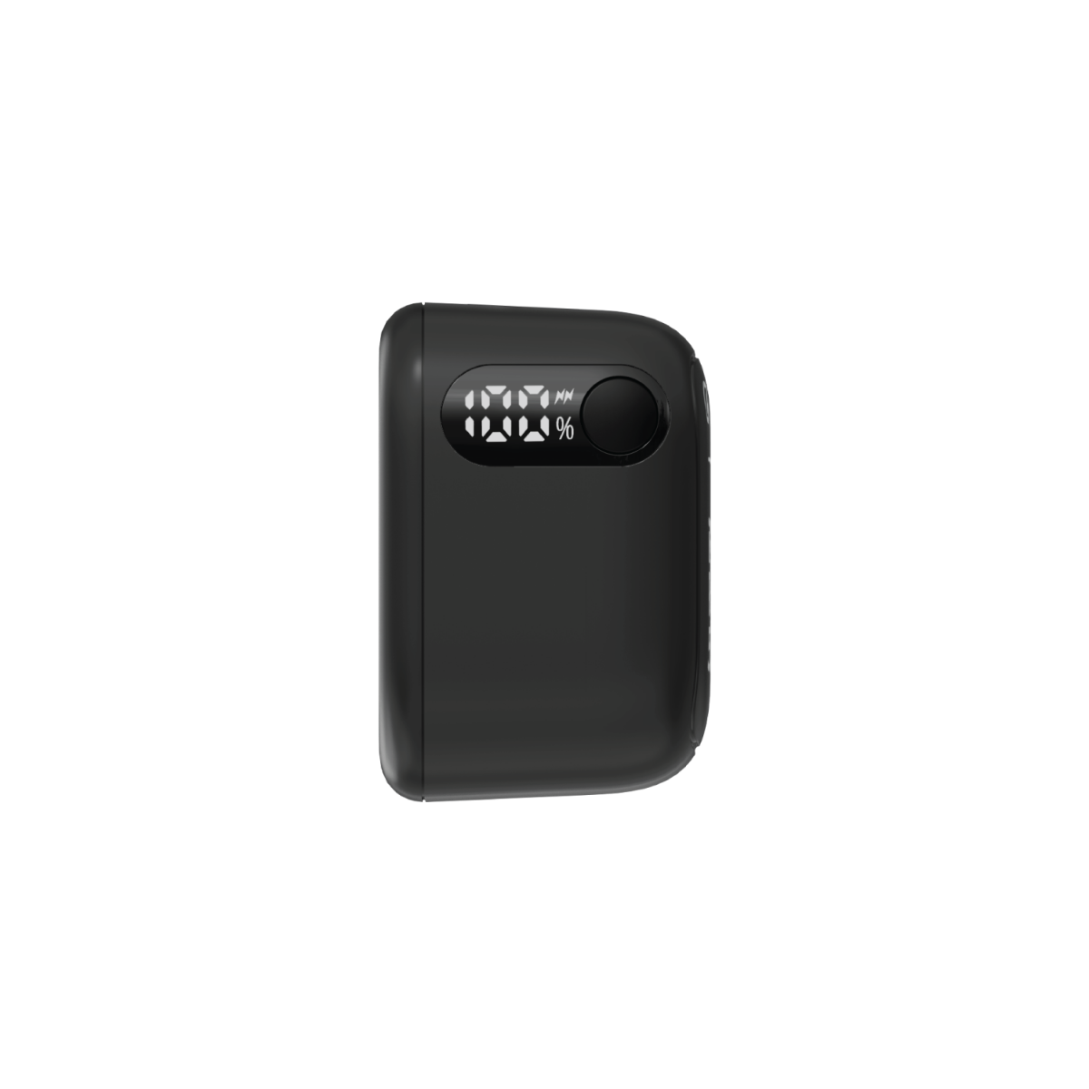 Siyah taşınabilir bir powerbank. Küçük bir dijital ekranı ve önünde tek bir düğmesi var.