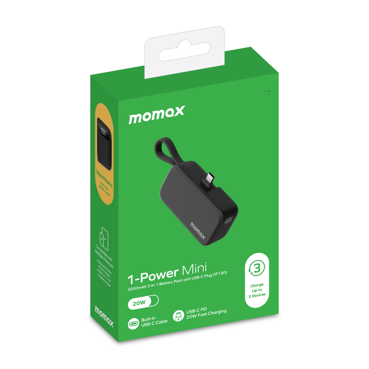 Siyah powerbank'li yeşil kutu, momax logosu ve ürün detayları.
