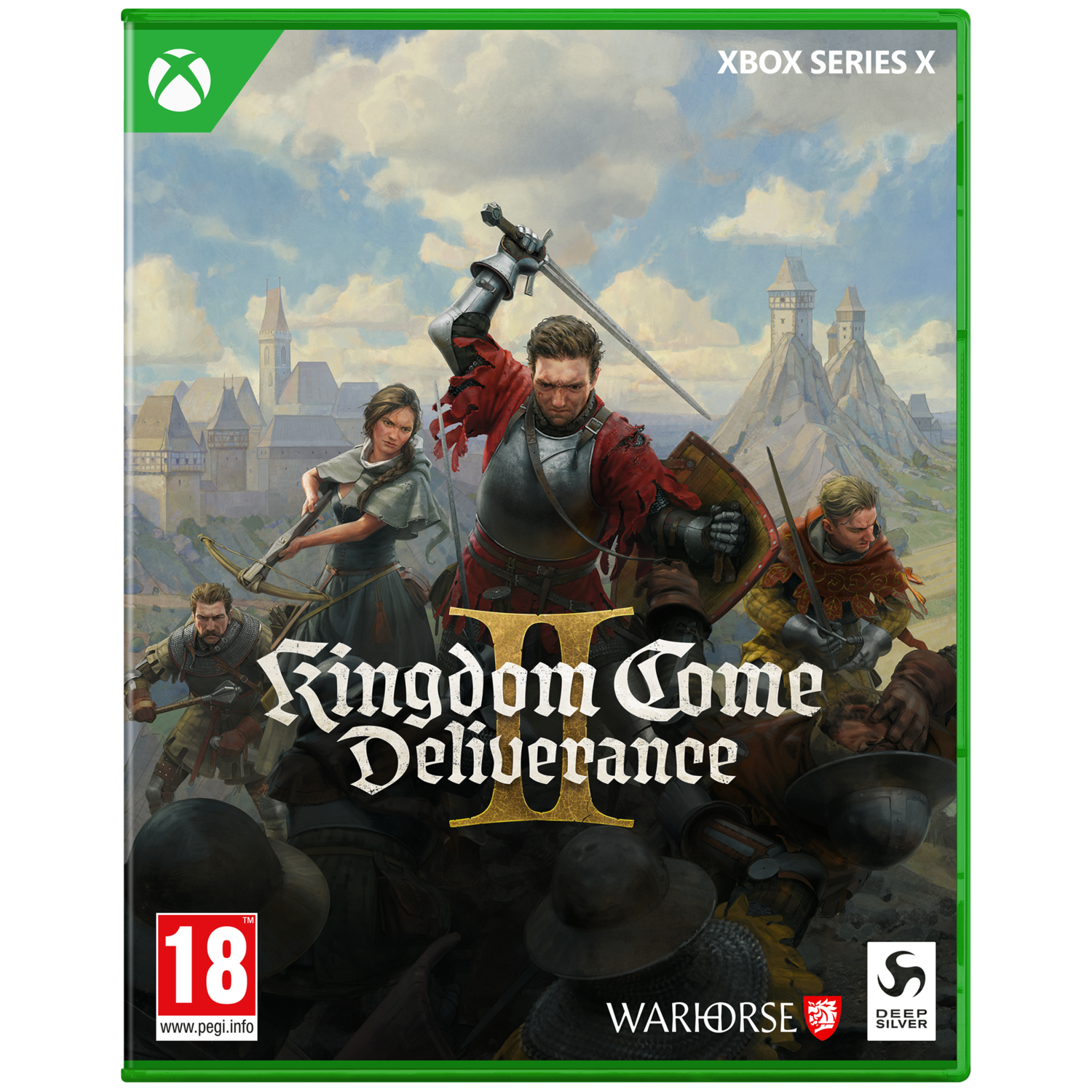 Boîte du jeu Kingdom Come: Deliverance II, avec des figures en armure, logo vert Xbox Series X.