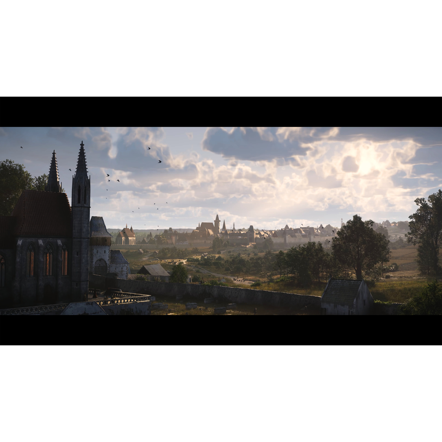 Ville médiévale avec une église et des champs.