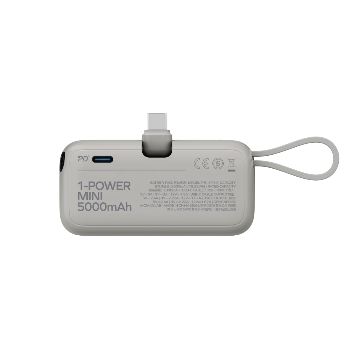 1-POWER MINI 5000mAh güç bankası, gri, USB-C kablosuyla. Beyaz zemin.