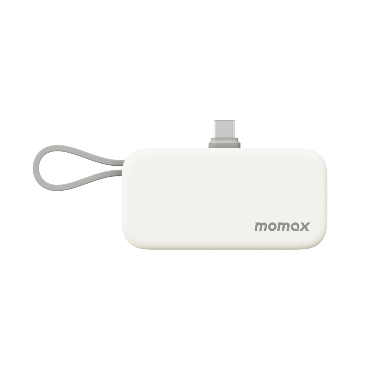 Siyah zemin üzerinde gri bir halka ve bir USB-C bağlantı noktası olan beyaz momax adaptörü.
