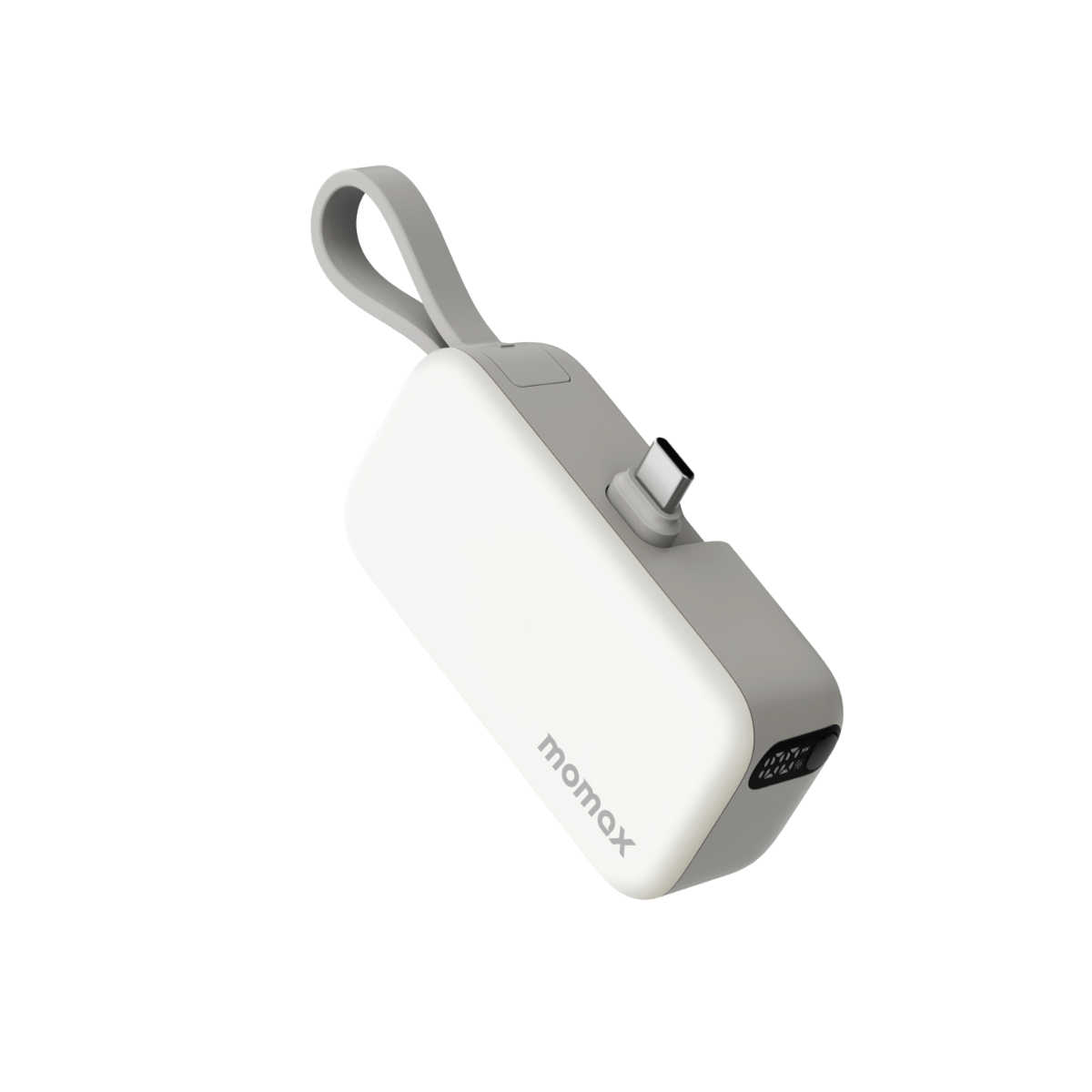 Beyaz ve gri güç bankası, halka ve USB-C bağlantı noktasıyla. 'momax' marka adı görünür.