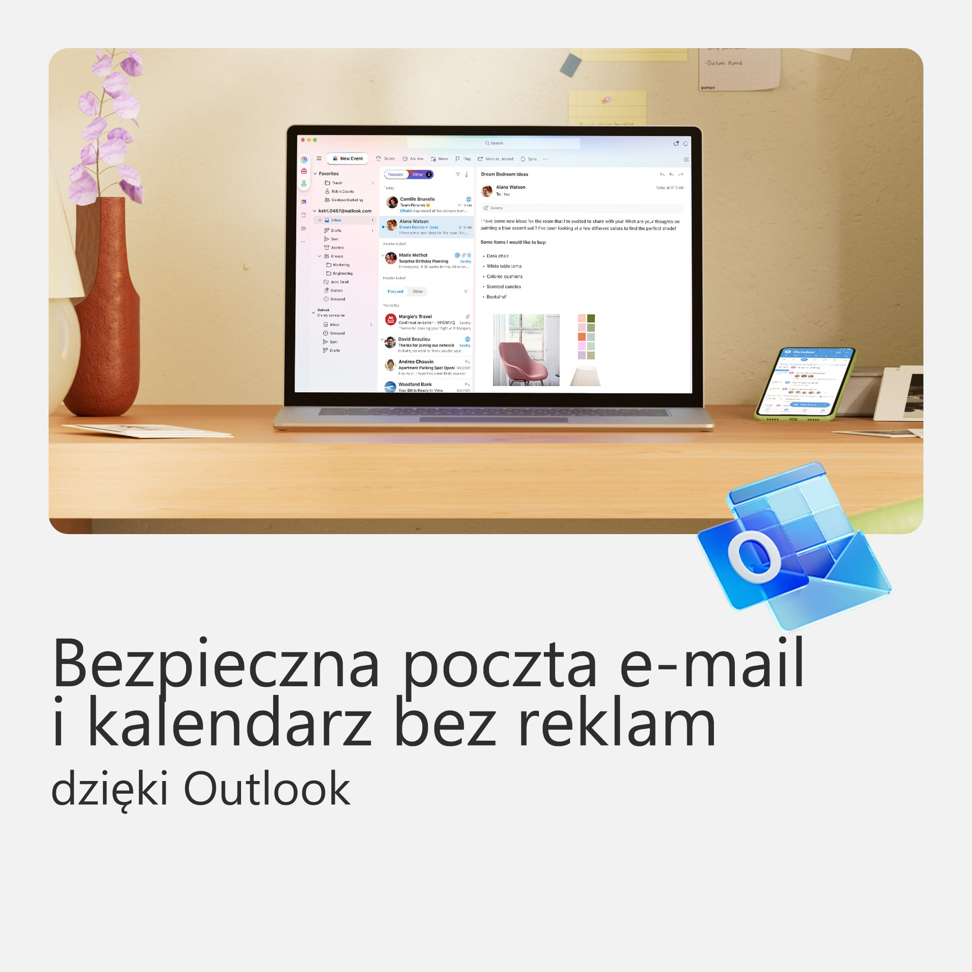 Laptop na drewnianym biurku z tabletem. Logo Outlook w rogu. E-mail i kalendarz.