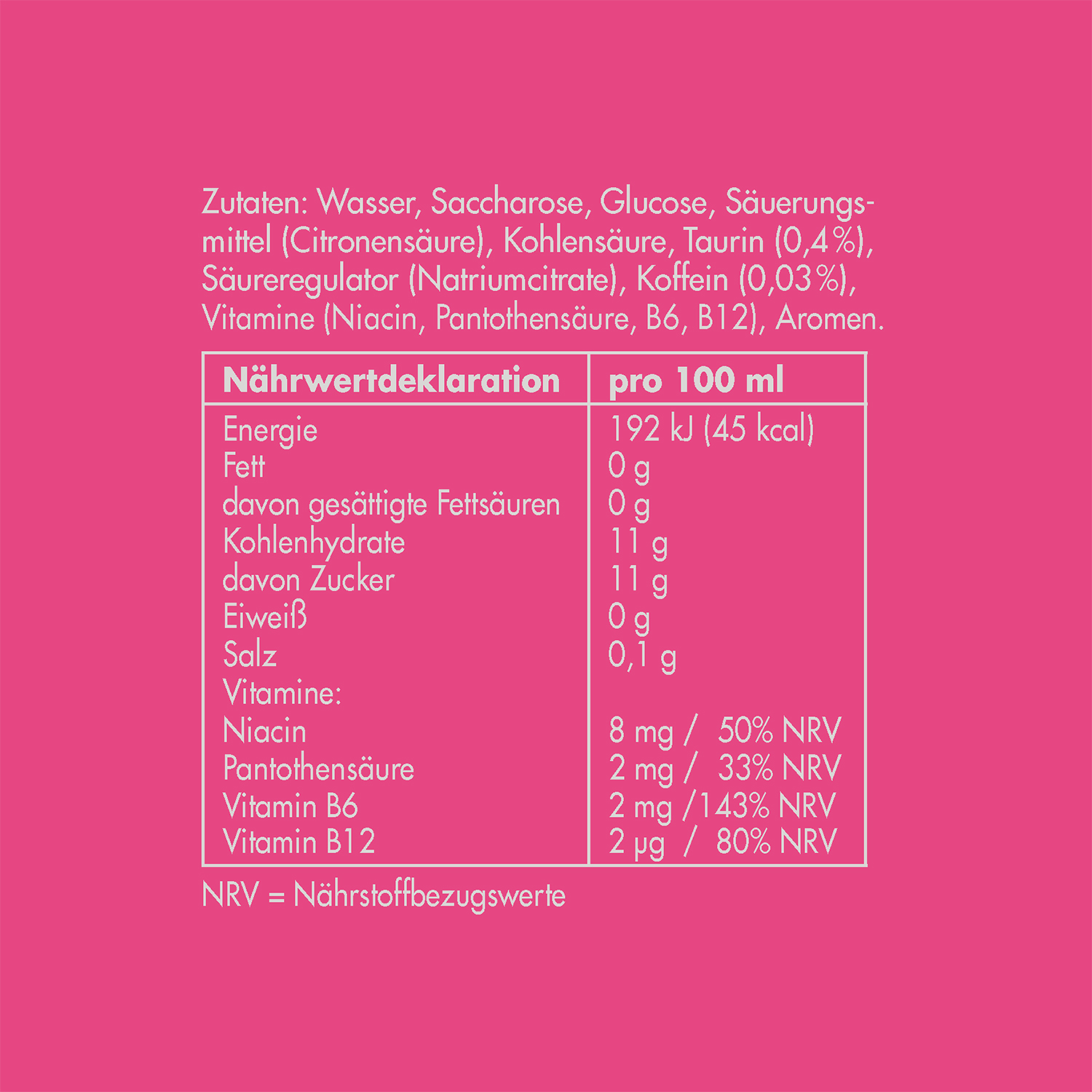 Nährwerttabelle mit Details zur Zusammensetzung eines Getränks.