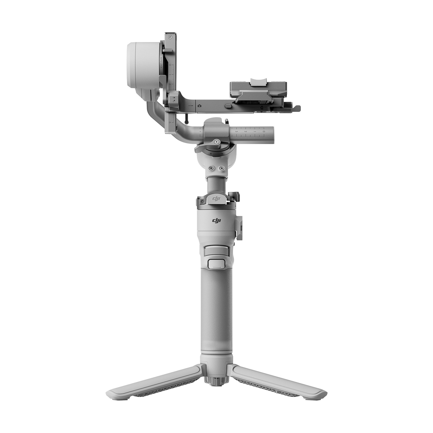 Stabilizzatore per fotocamera grigio su sfondo bianco, vista laterale.