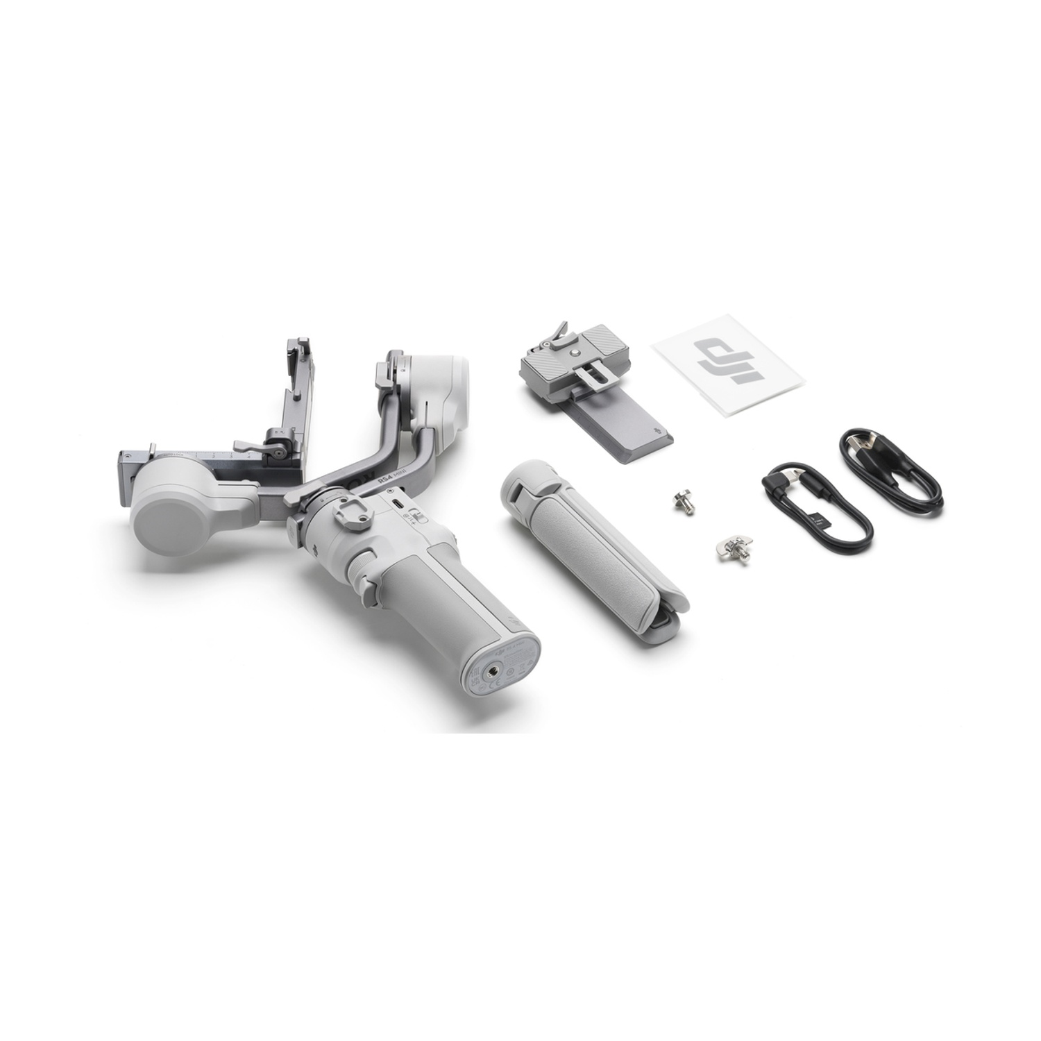 Stabilizzatore portatile argentato, con sfondo bianco e accessori aggiuntivi.