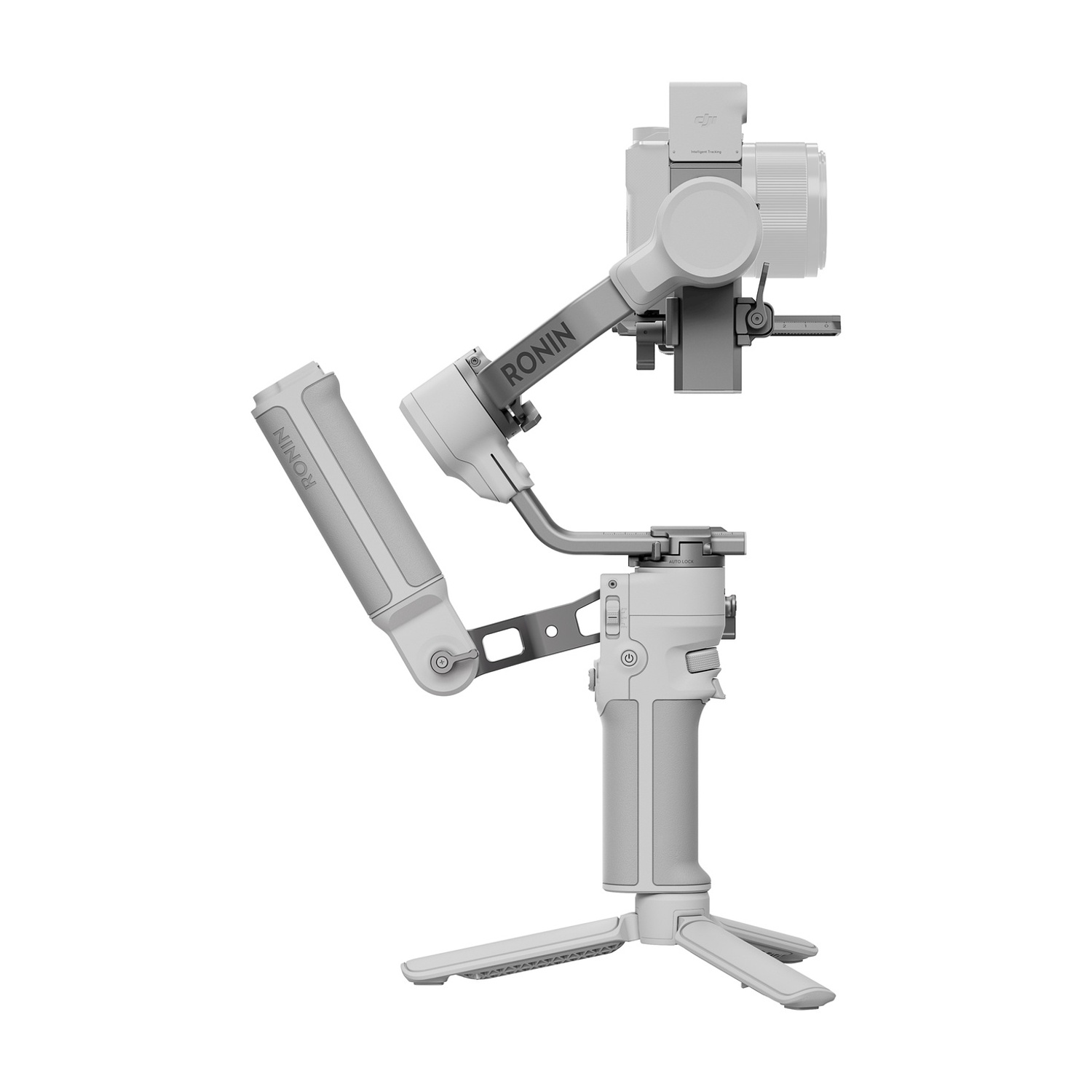 Stabilizzatore per fotocamera Ronin bianco e grigio su supporto.