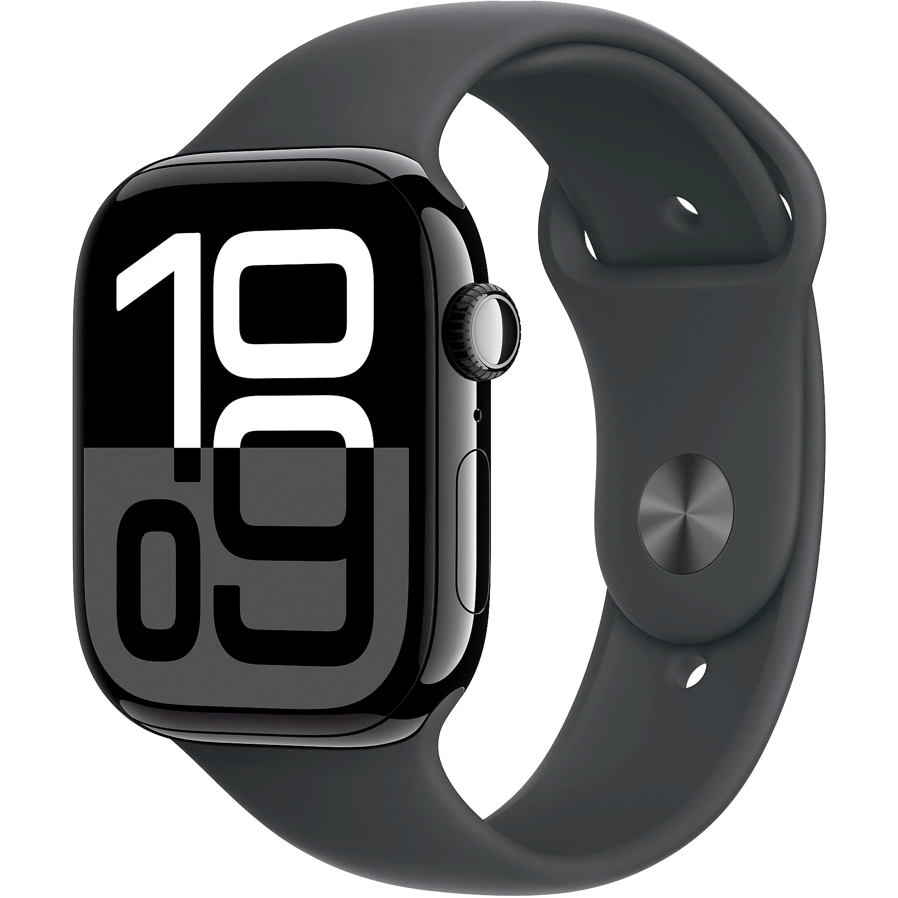 Czarny Apple Watch z ciemnoszarym paskiem, wyświetlający godzinę 19:09 na ekranie.