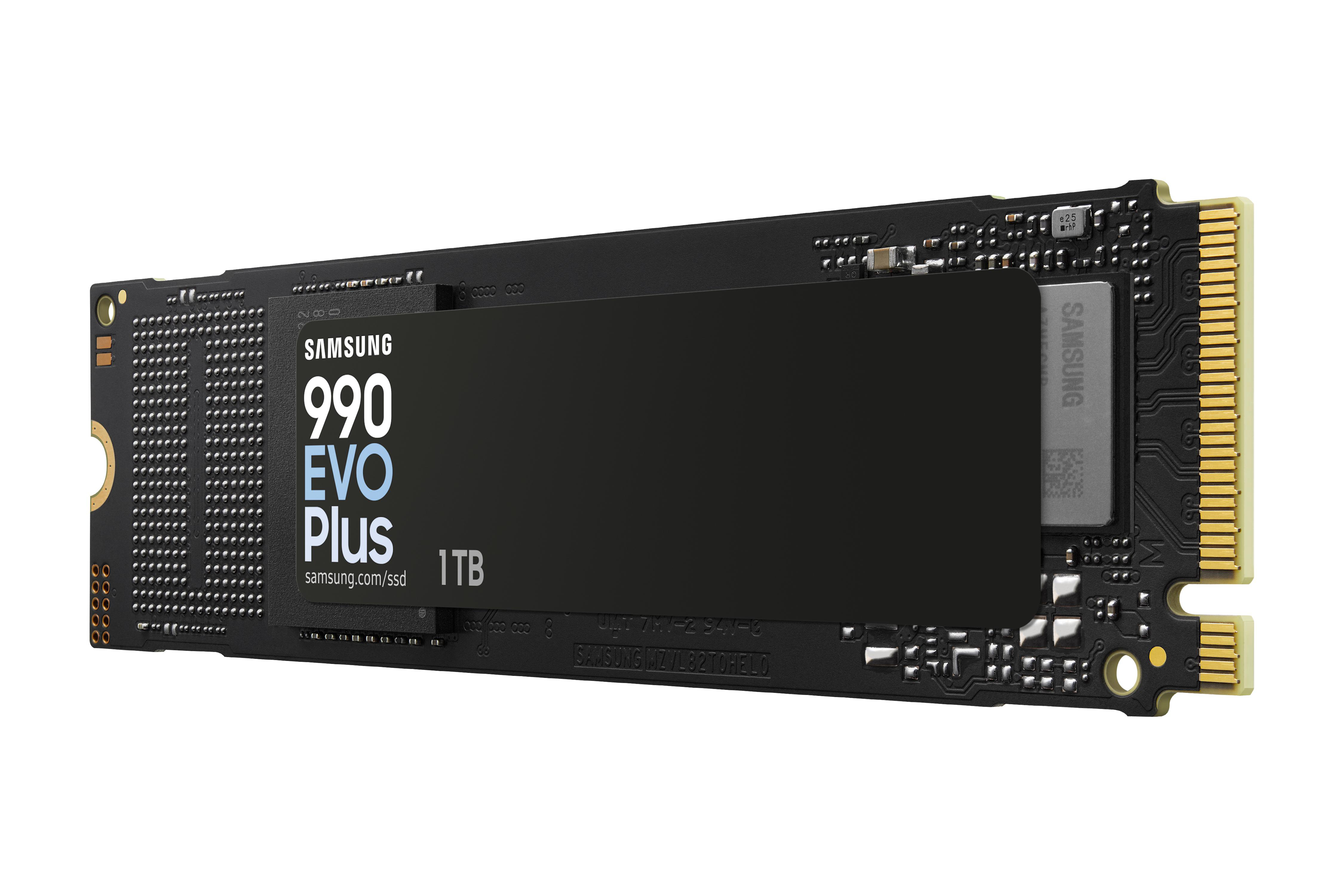 Schwarze Samsung 990 EVO Plus SSD. Auf dem Etikett steht 1 TB.