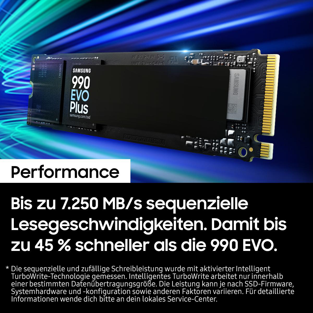 Eine schwarze Samsung 990 EVO Plus NVMe SSD. Der Text besagt, dass sie bis zu 7.250 MB/s sequenzielle Lesegeschwindigkeit hat.