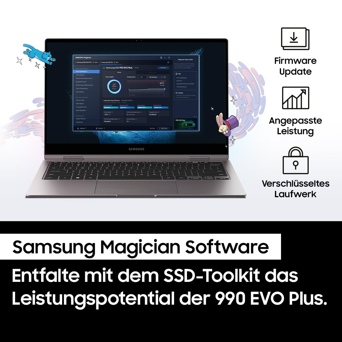 Laptop mit Software und Symbolen darauf.