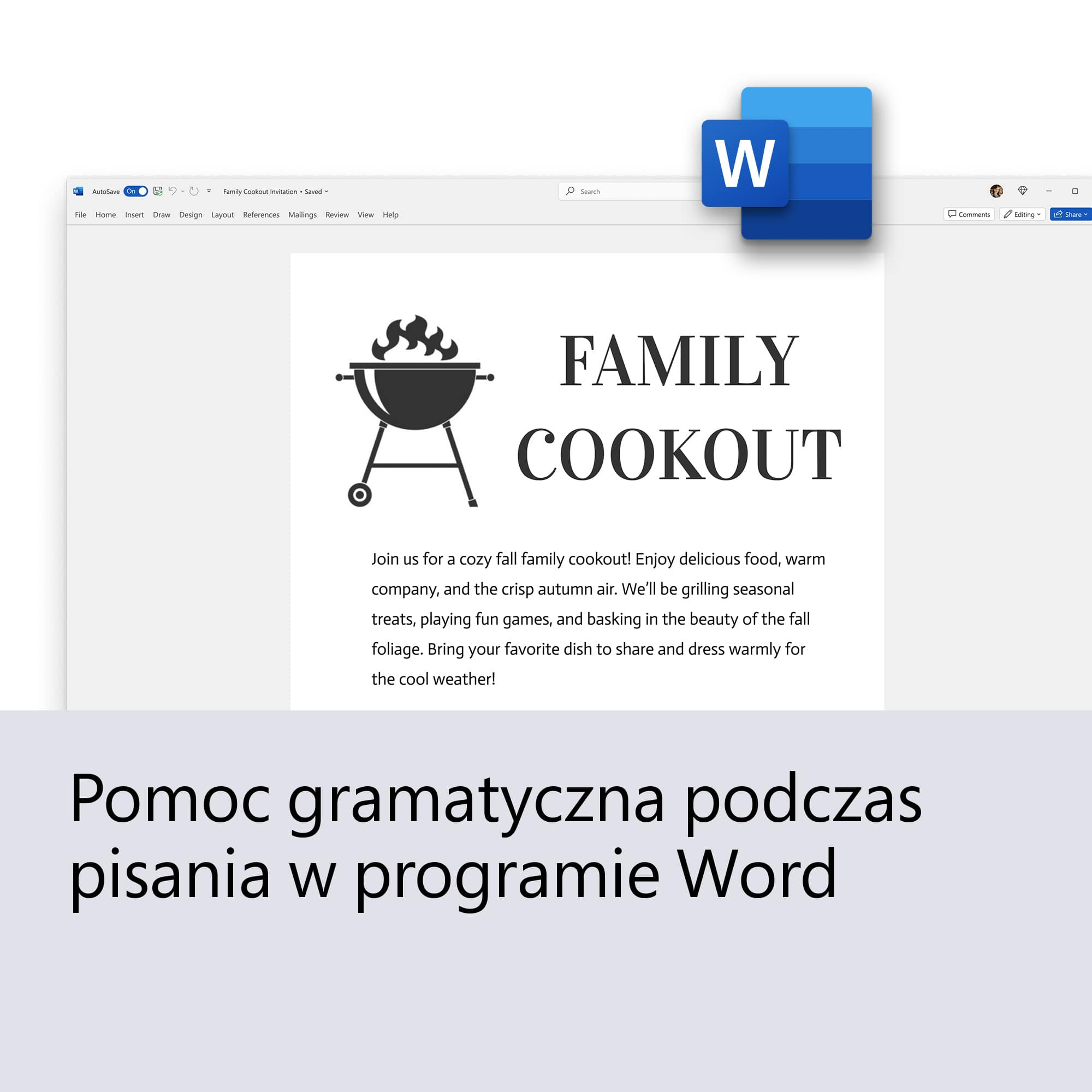 Zaproszenie na rodzinny grill w Wordzie. Ikona grilla. Tekst po polsku na dole.