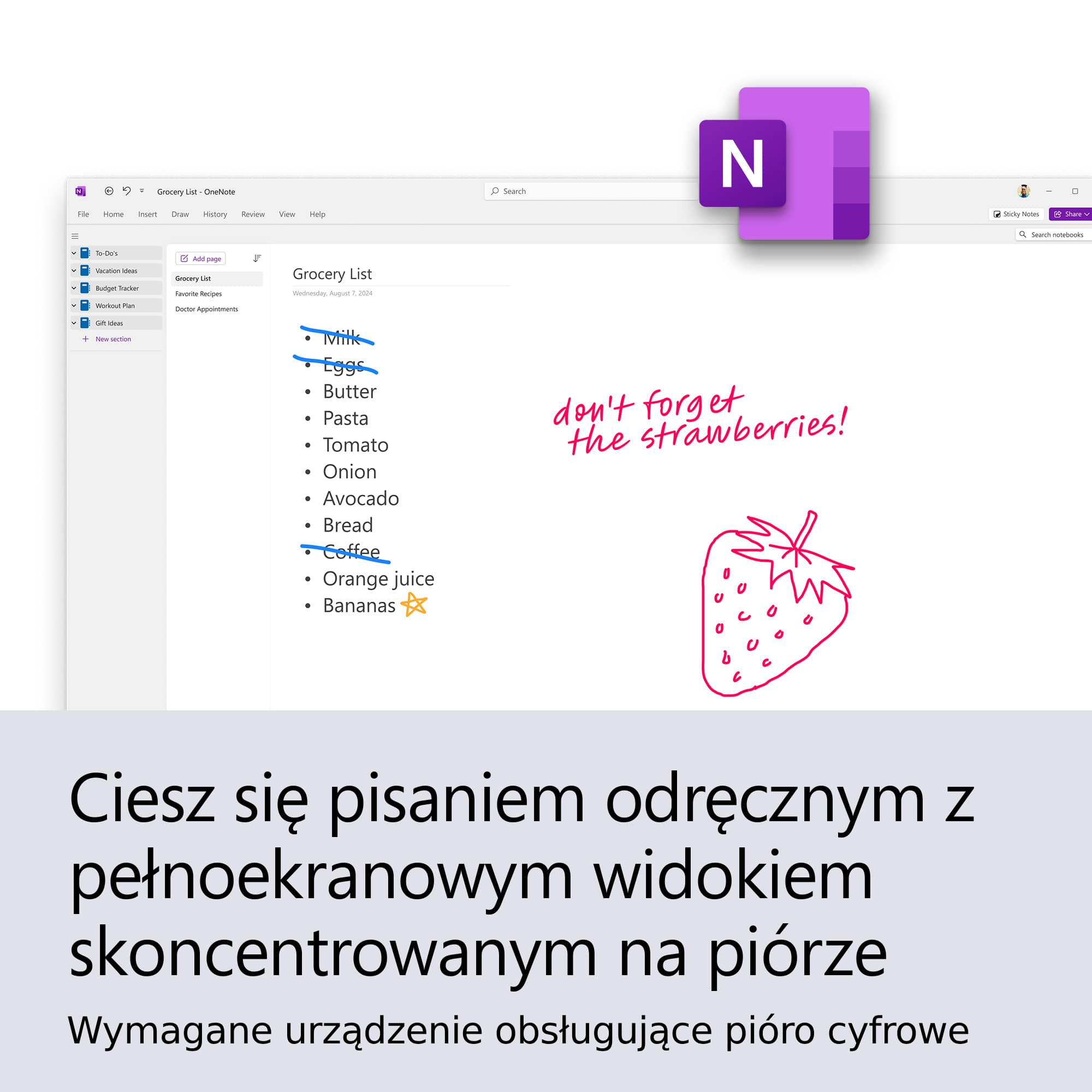 Cyfrowy notatnik z listą zakupów i rysunkiem truskawki.