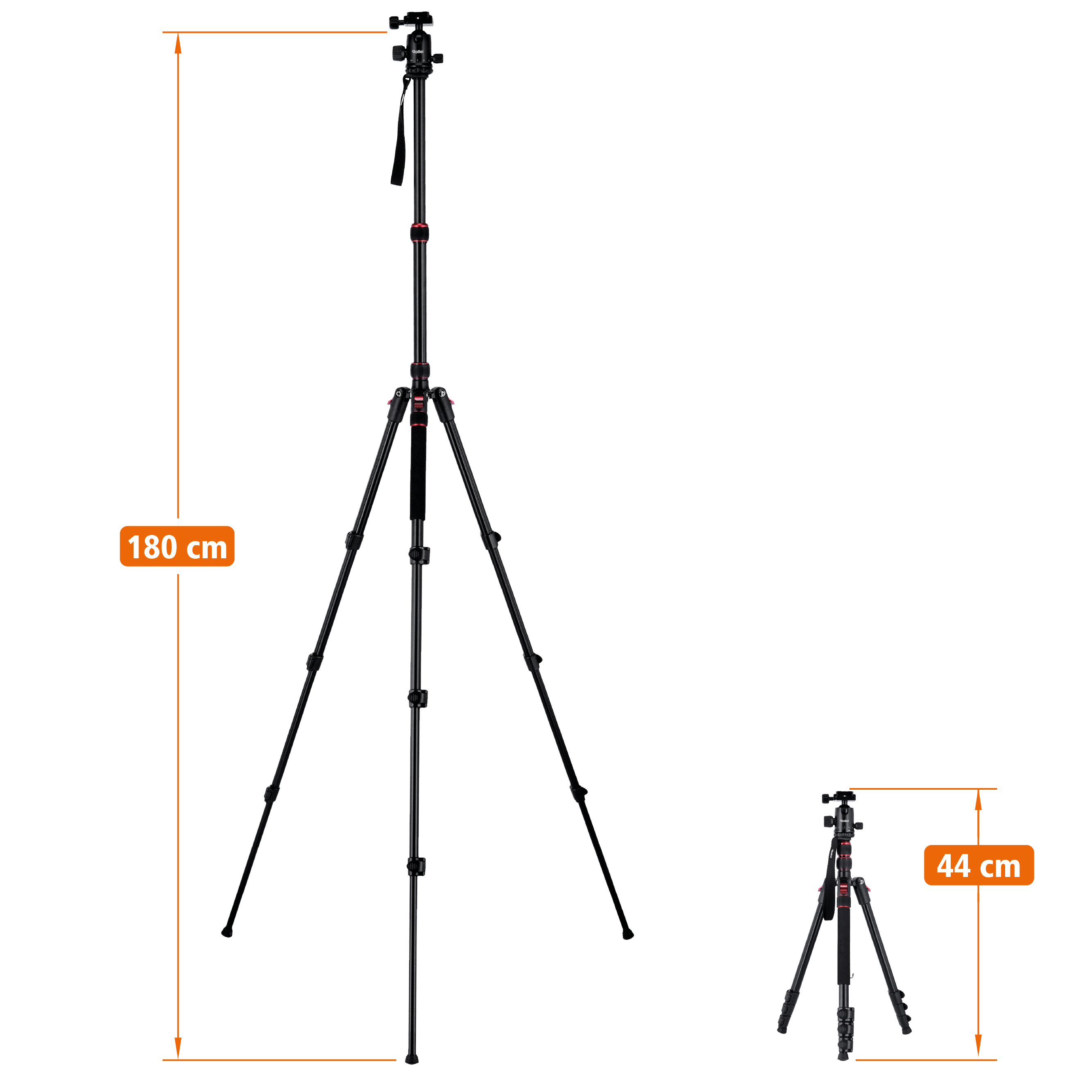 Stativ mit orangefarbenen Maßen von 180 cm und 44 cm, vor weißem Hintergrund.