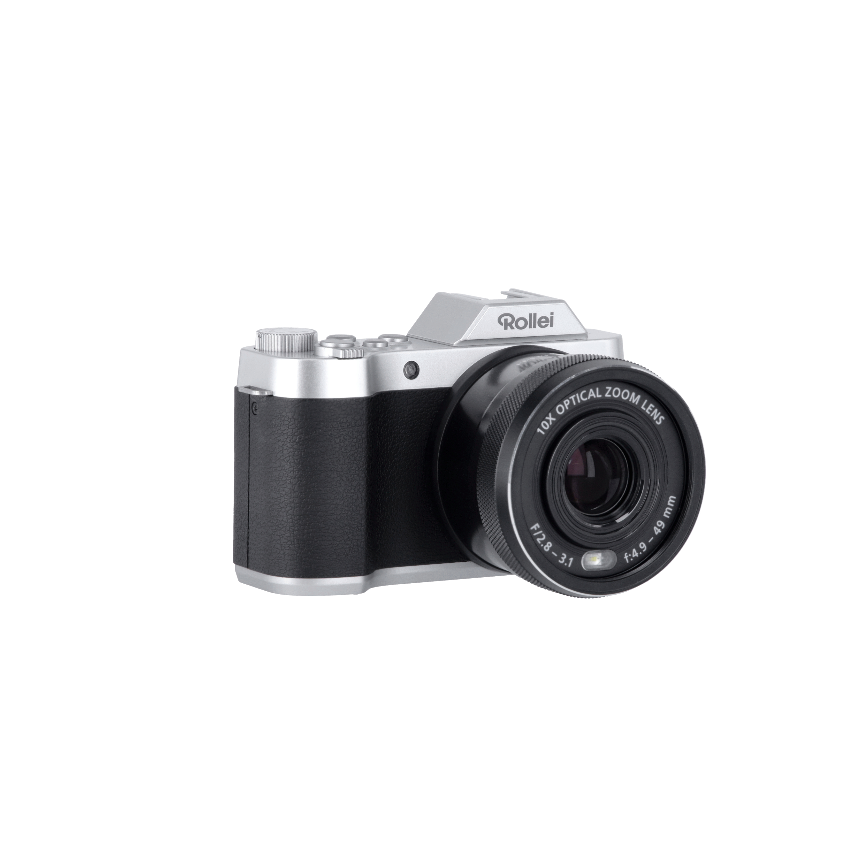 Silberne und schwarze Rollei Kamera mit Zoomobjektiv. Die Kamera steht auf weißem Hintergrund.
