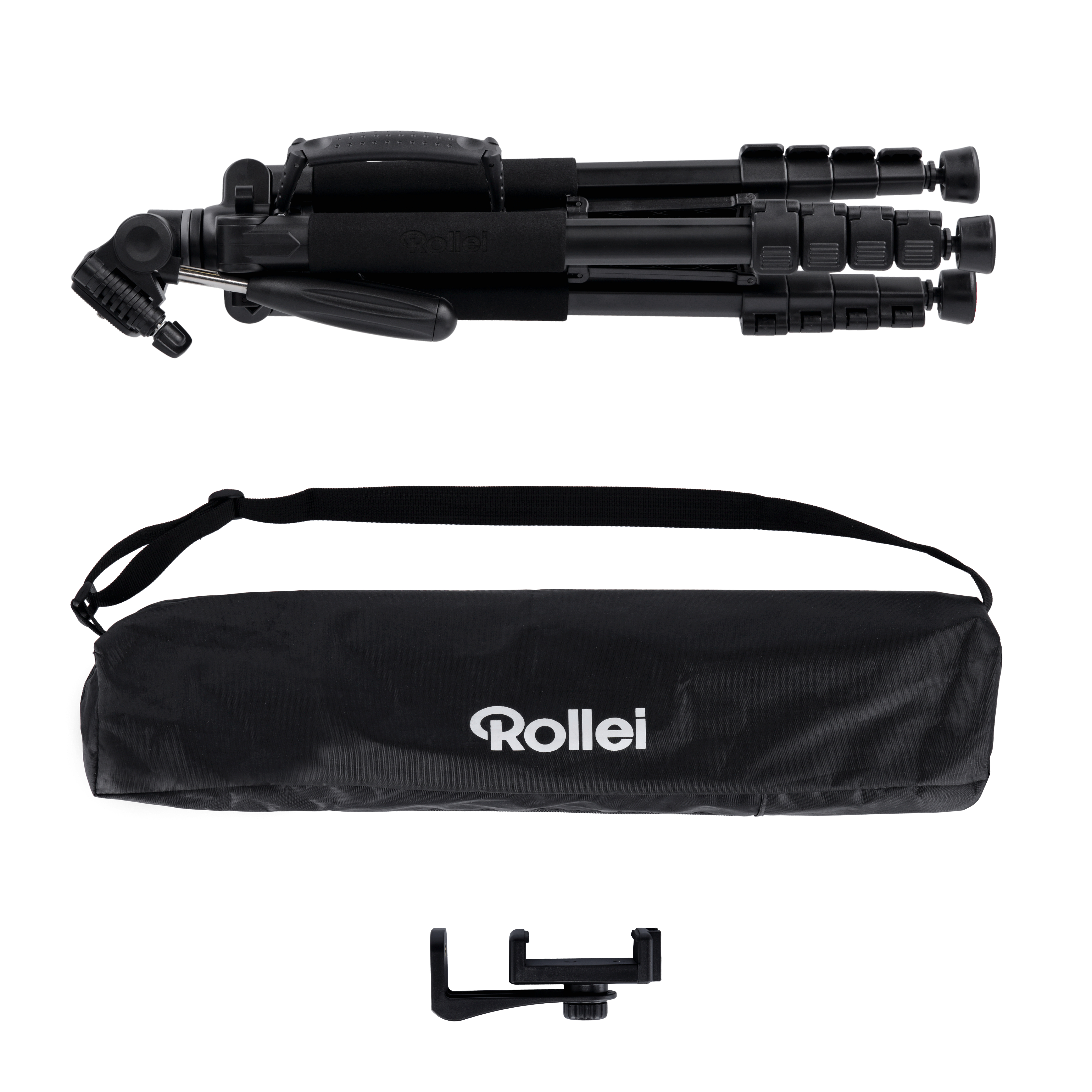 Schwarzes Stativ, gefaltet, mit Tragetasche und Telefonhalterung. Rollei-Logo.