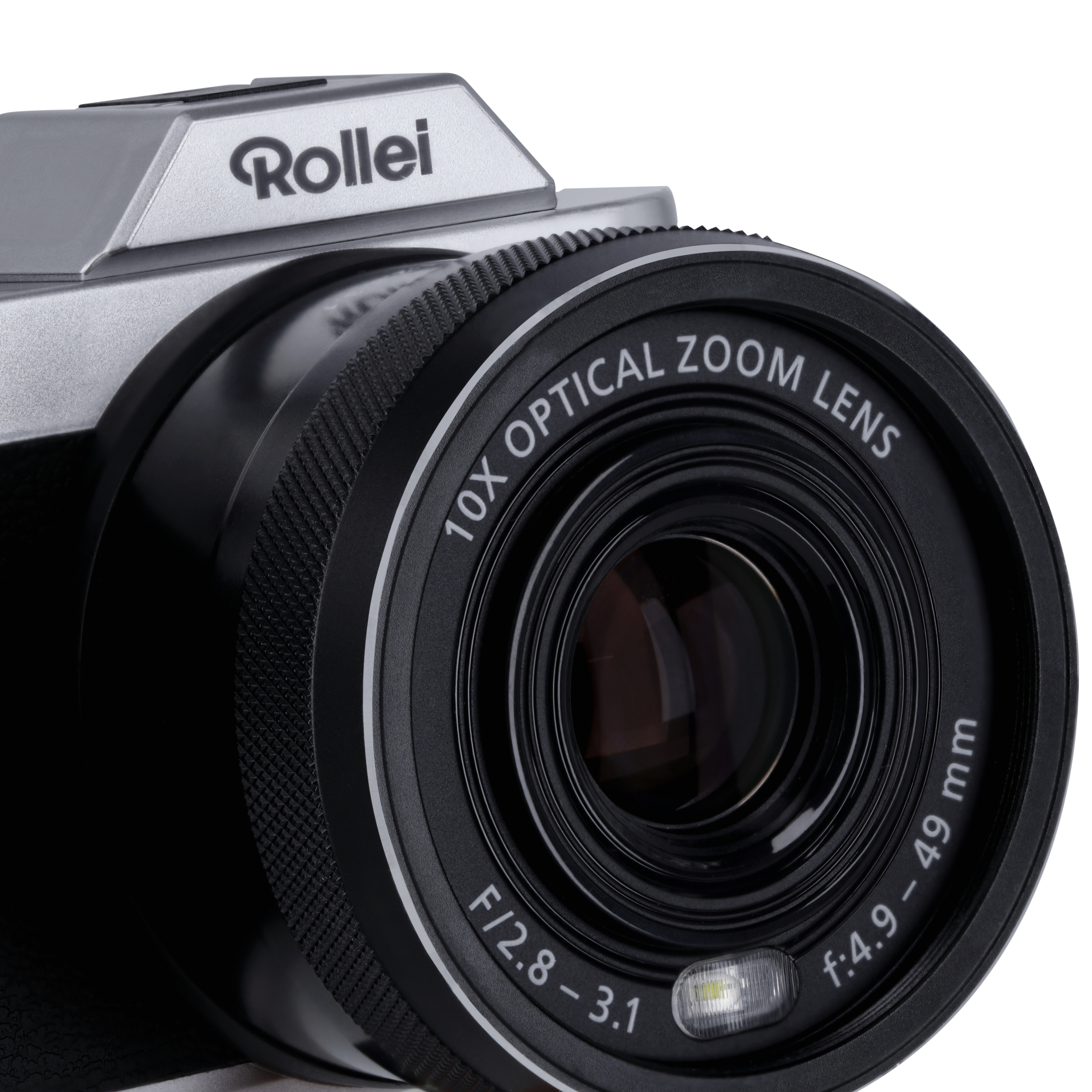 Nahaufnahme eines Kameraobjektivs mit der Aufschrift '10X OPTICAL ZOOM LENS'.