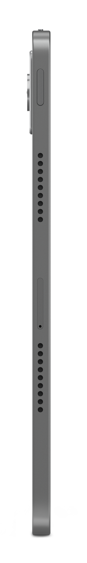 Widok z boku szarego tabletu na czarnym tle.