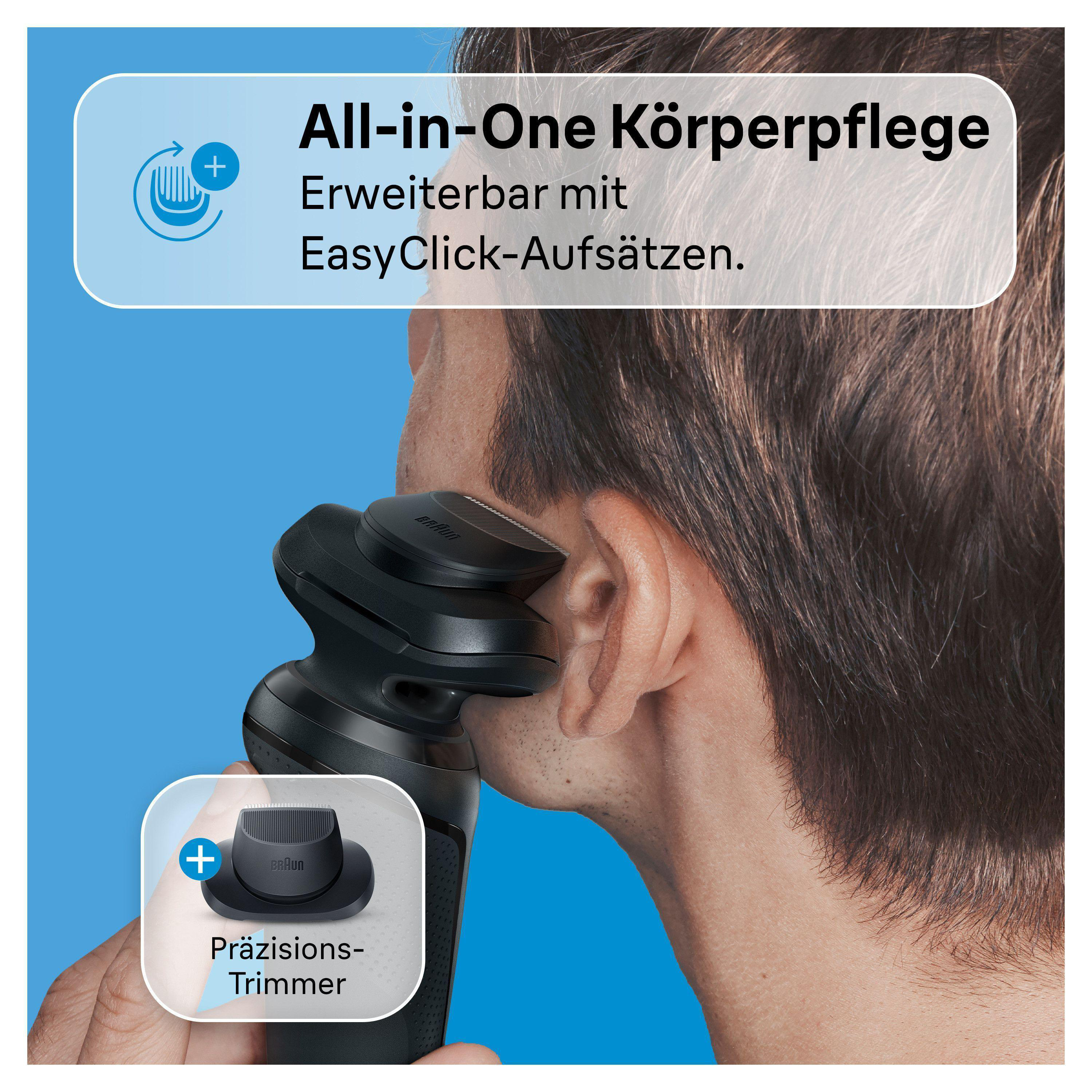 Ein Mann rasiert sich mit einem schwarzen Rasierer. Blauer Hintergrund, Produktbild gezeigt.