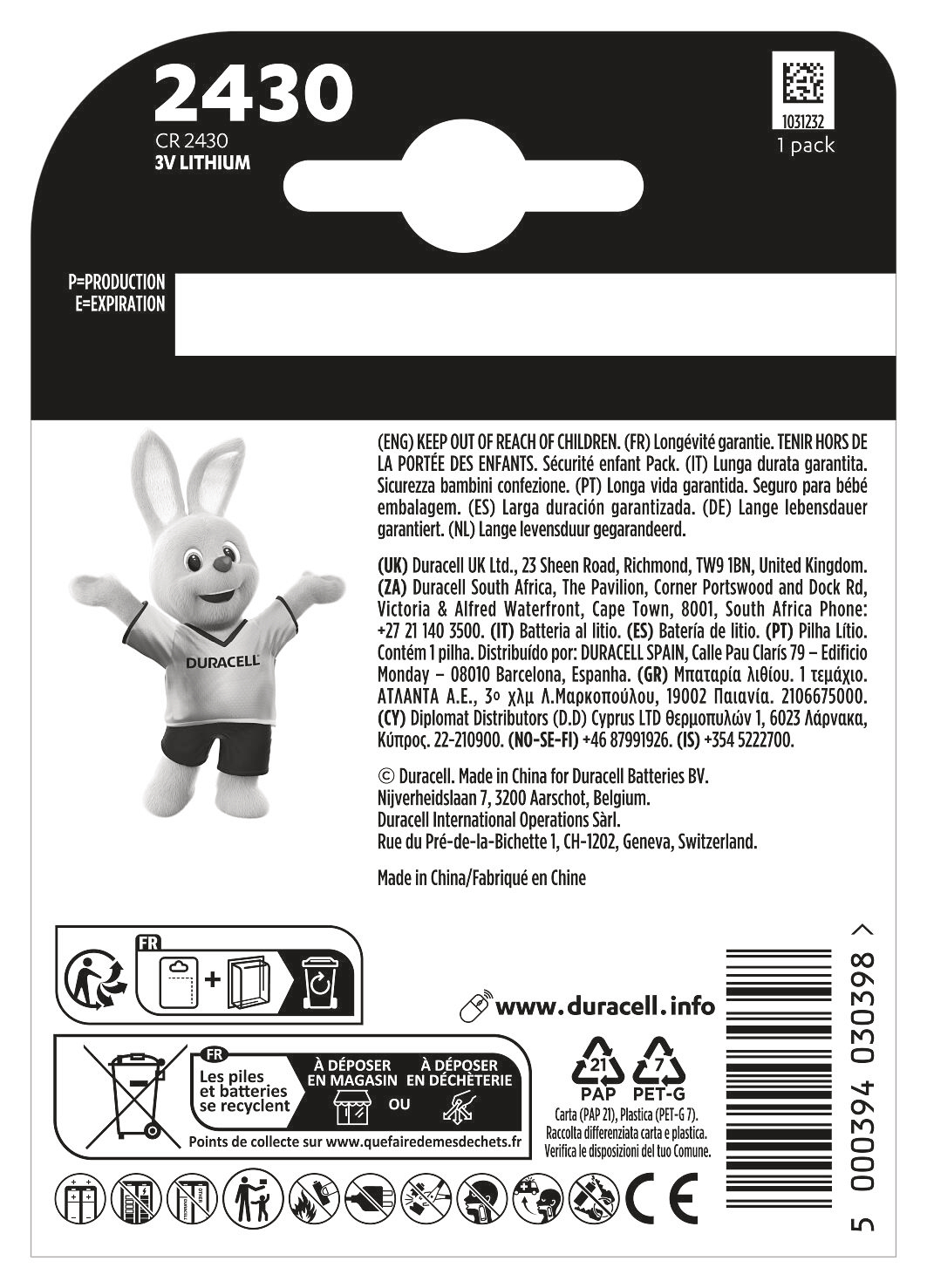 Duracell Batterie-Verpackung mit Häschen, Text und Recycling-Symbolen.