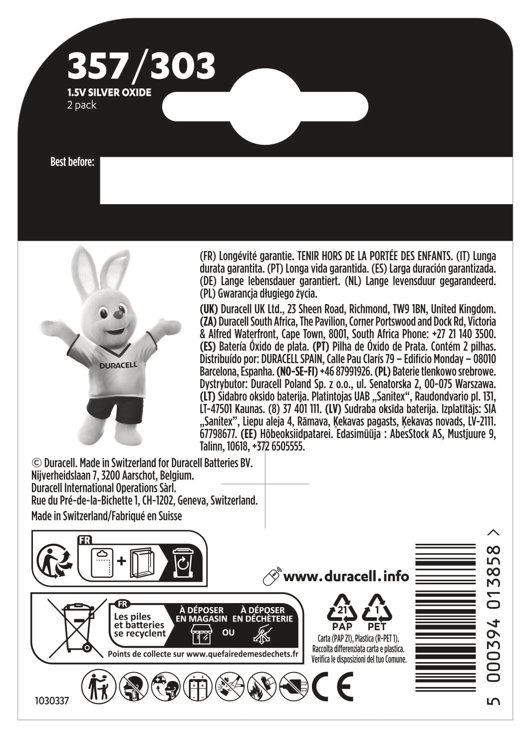 Duracell-Batterieverpackung mit Text und einem Duracell-Hasen.