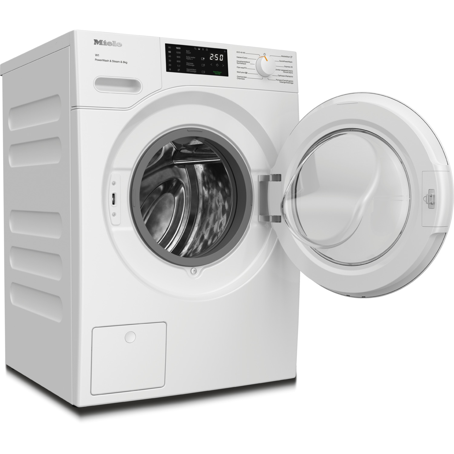 White washing machine with the door open, showing the drum. The brand is Miele.